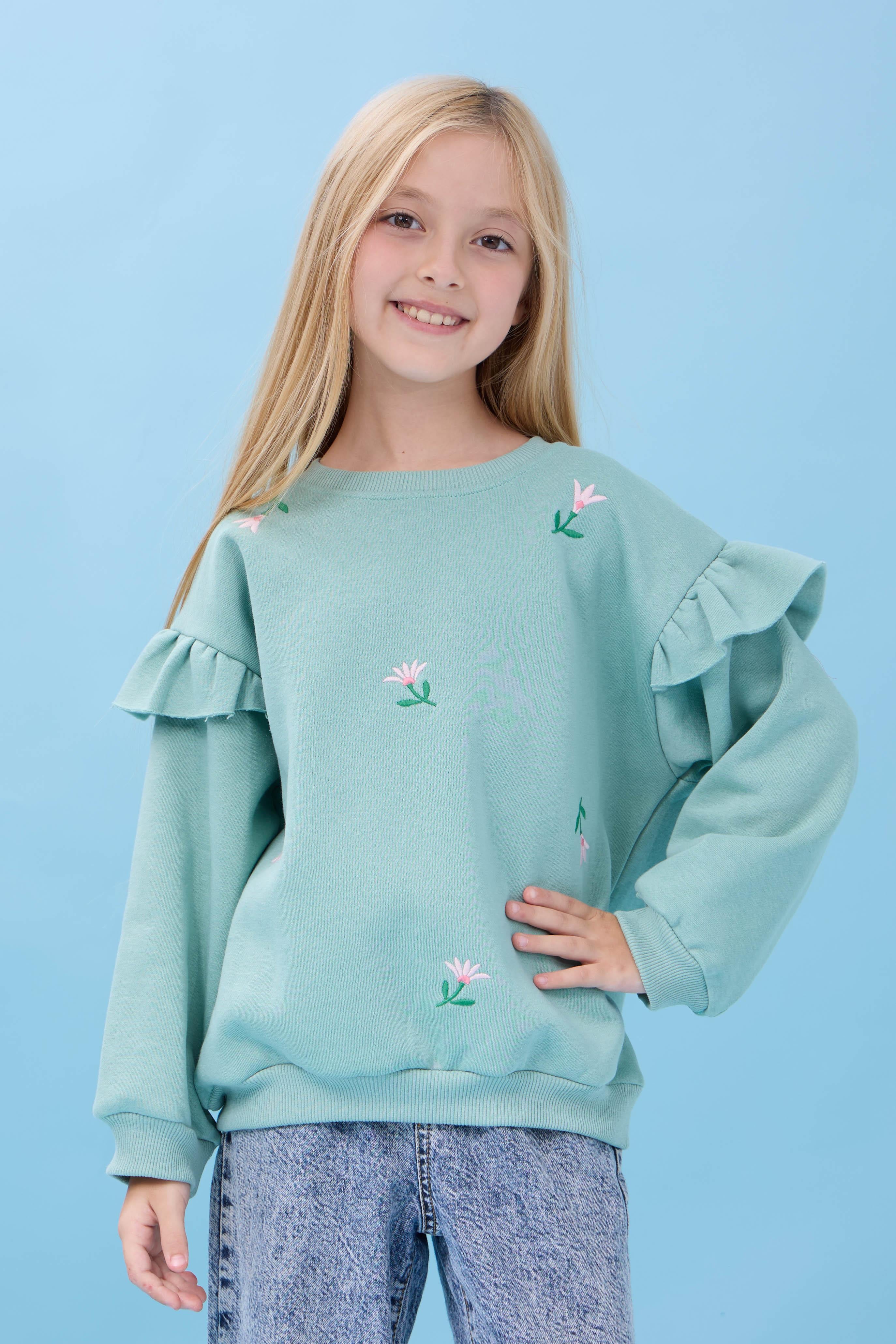 Kız Çocuk Fırfır Detaylı Çiçek İşlemeli Şardonlu Oversize Sweatshirt - Çağla