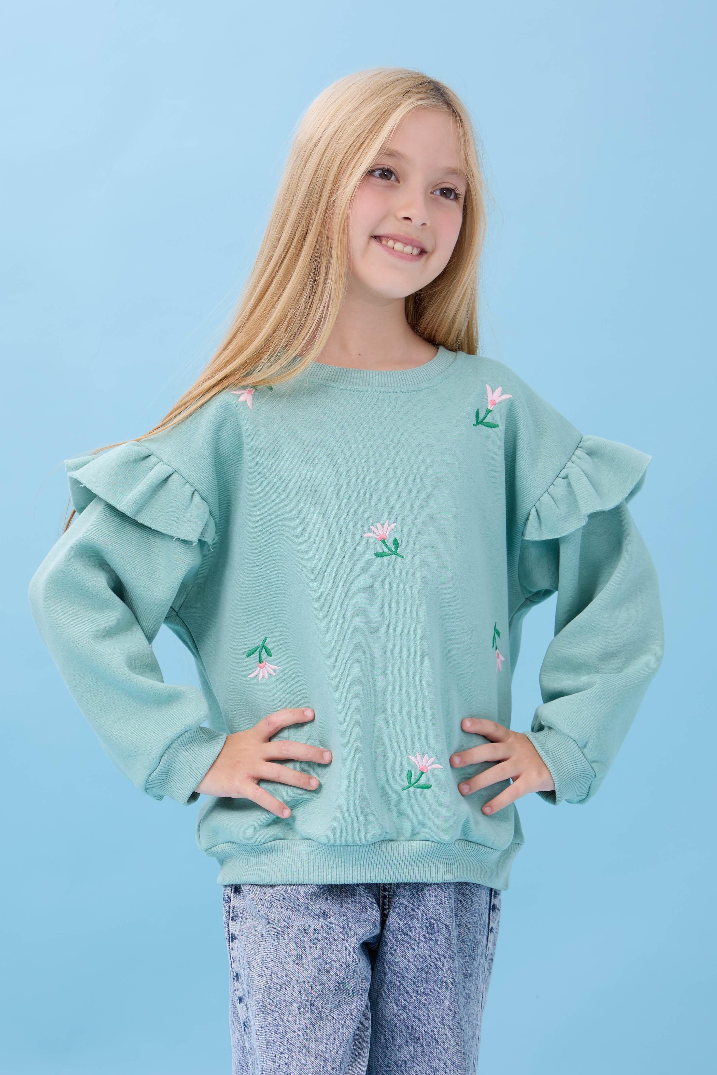 Kız Çocuk Fırfır Detaylı Çiçek İşlemeli Şardonlu Oversize Sweatshirt - Çağla