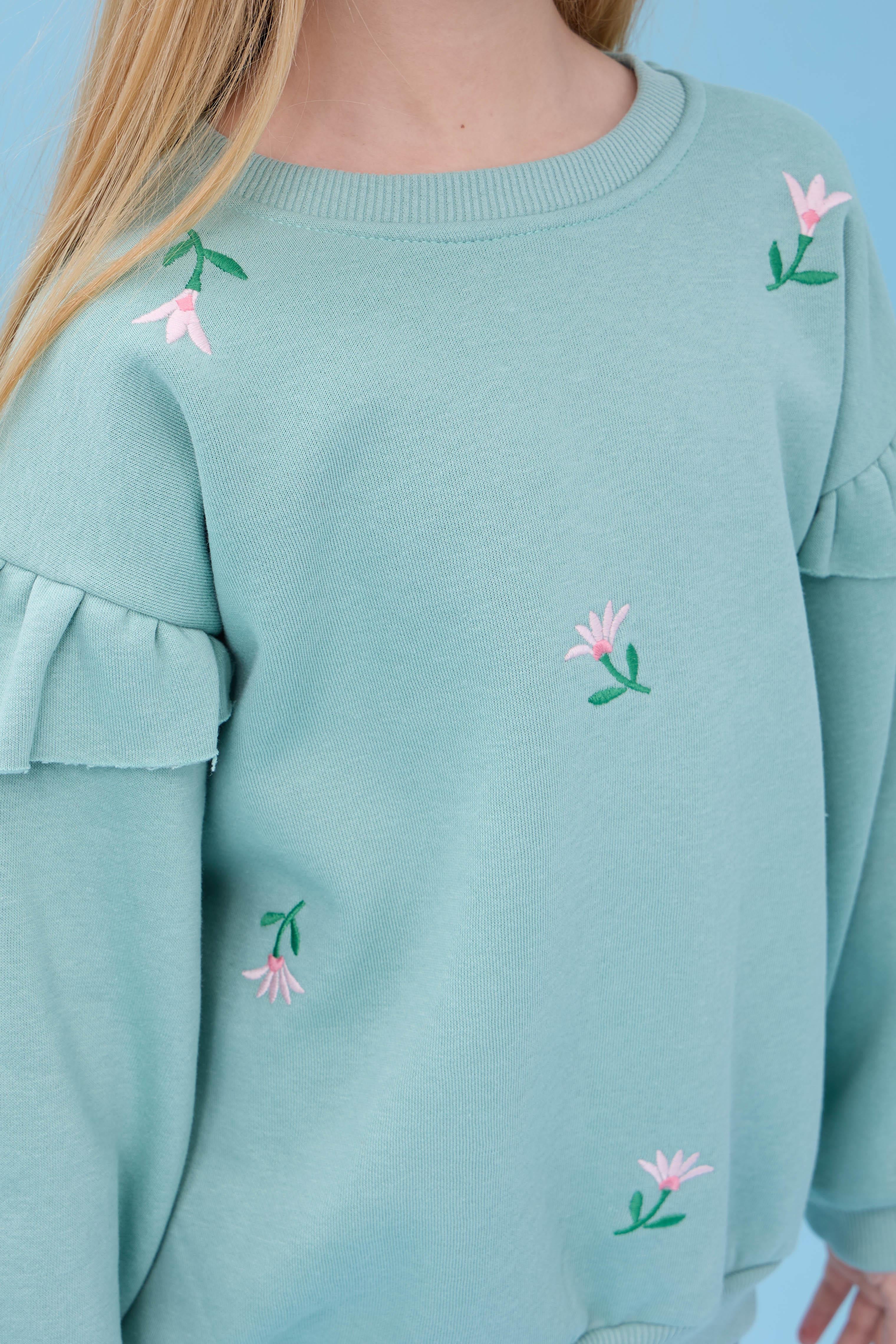 Kız Çocuk Fırfır Detaylı Çiçek İşlemeli Şardonlu Oversize Sweatshirt - Çağla