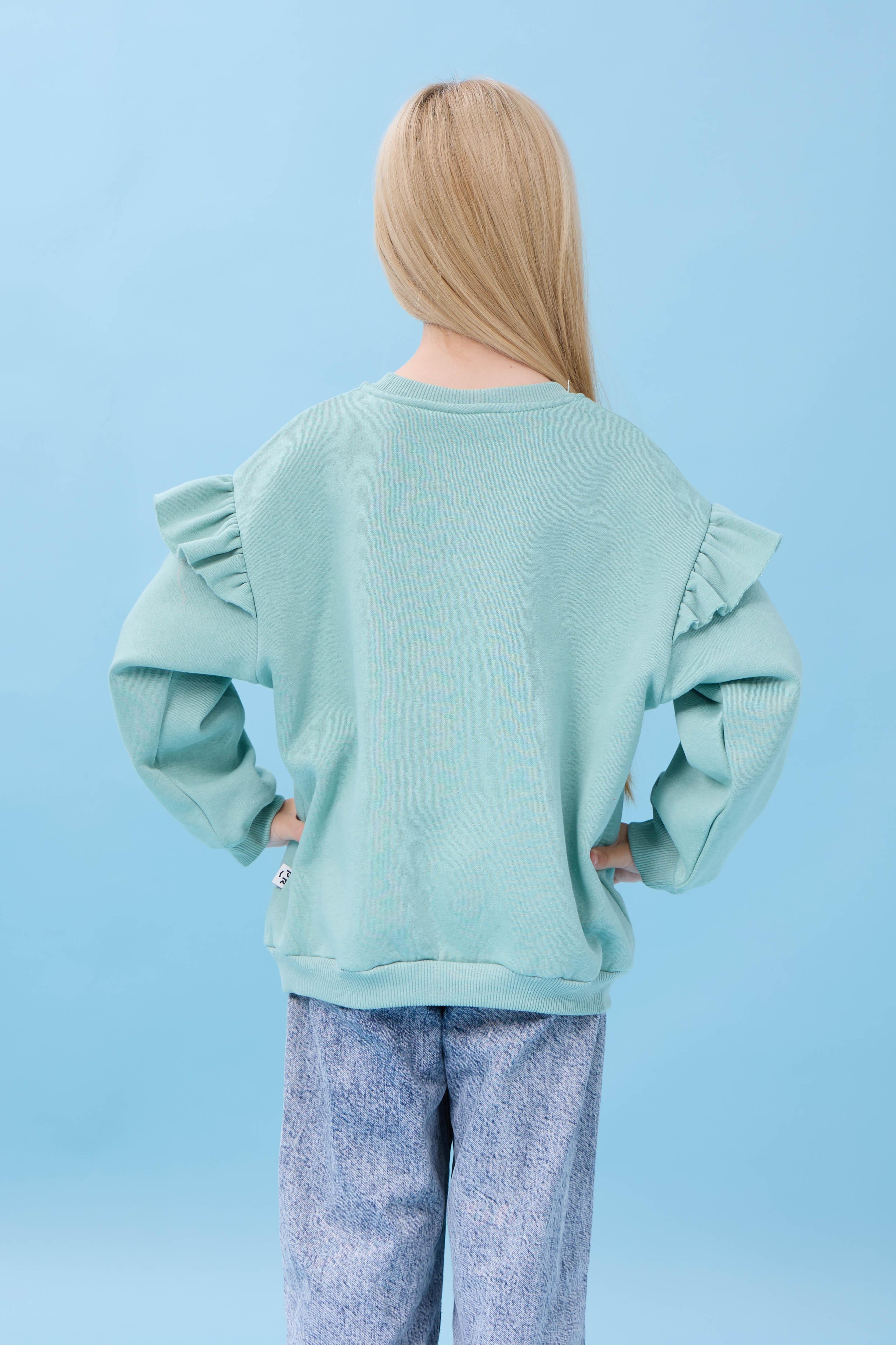 Kız Çocuk Fırfır Detaylı Çiçek İşlemeli Şardonlu Oversize Sweatshirt - Çağla