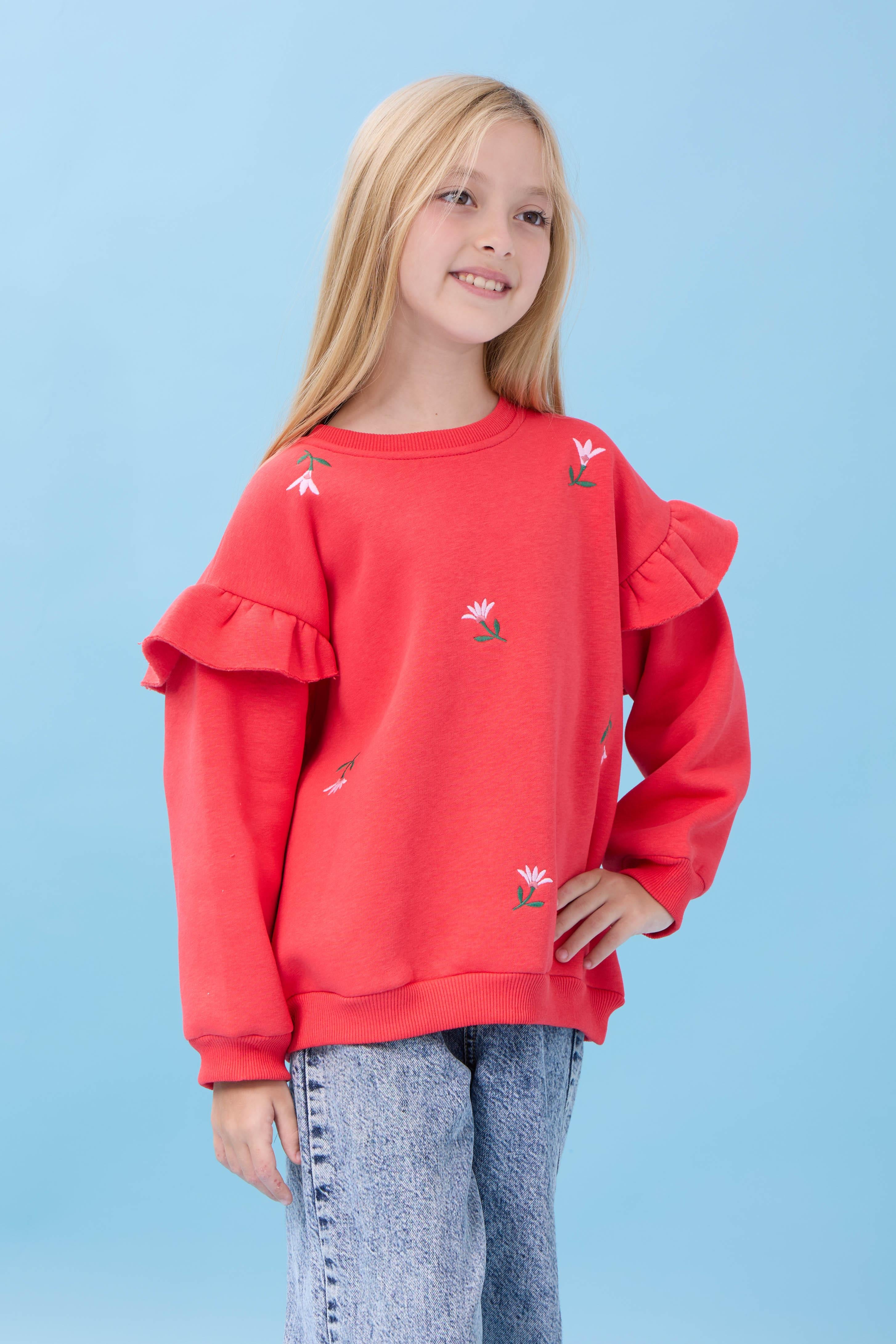 Kız Çocuk Fırfır Detaylı Çiçek İşlemeli Şardonlu Oversize Sweatshirt - Nar Çiçeği