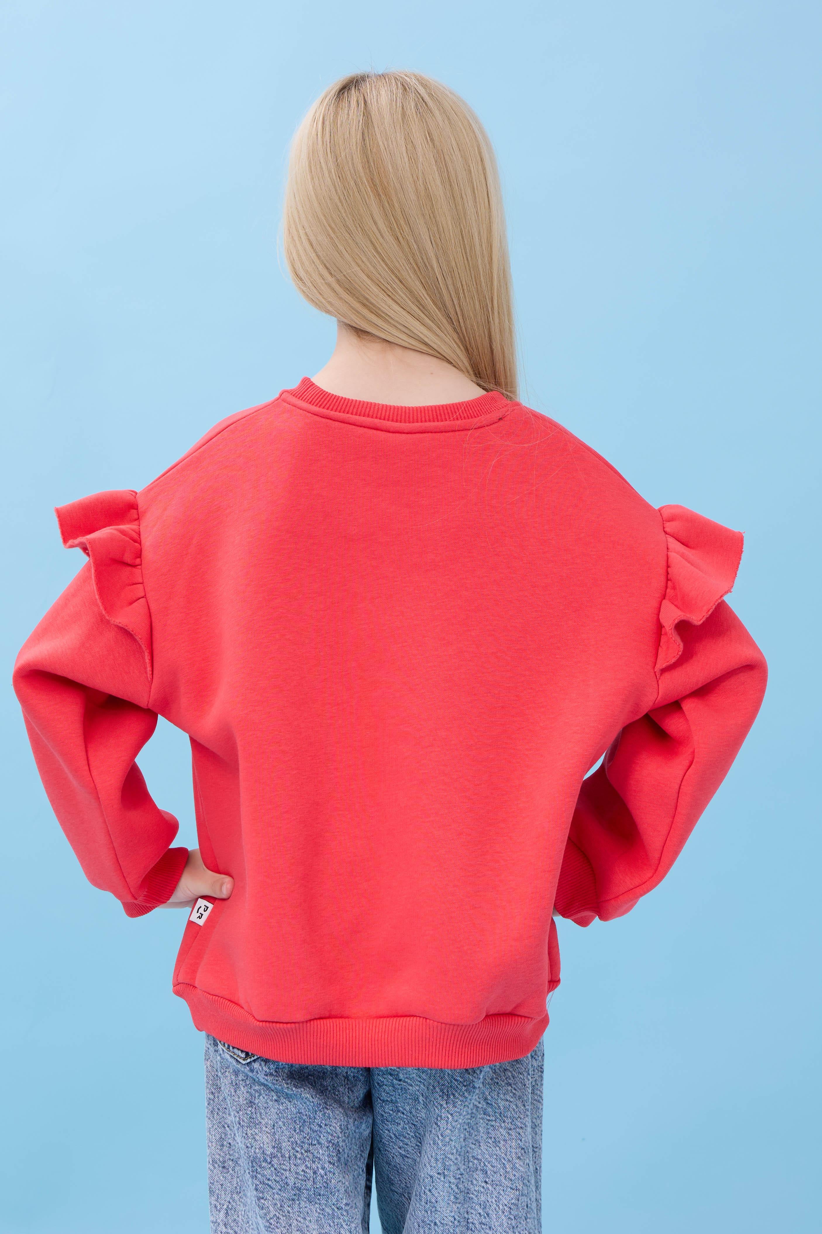Kız Çocuk Fırfır Detaylı Çiçek İşlemeli Şardonlu Oversize Sweatshirt - Nar Çiçeği