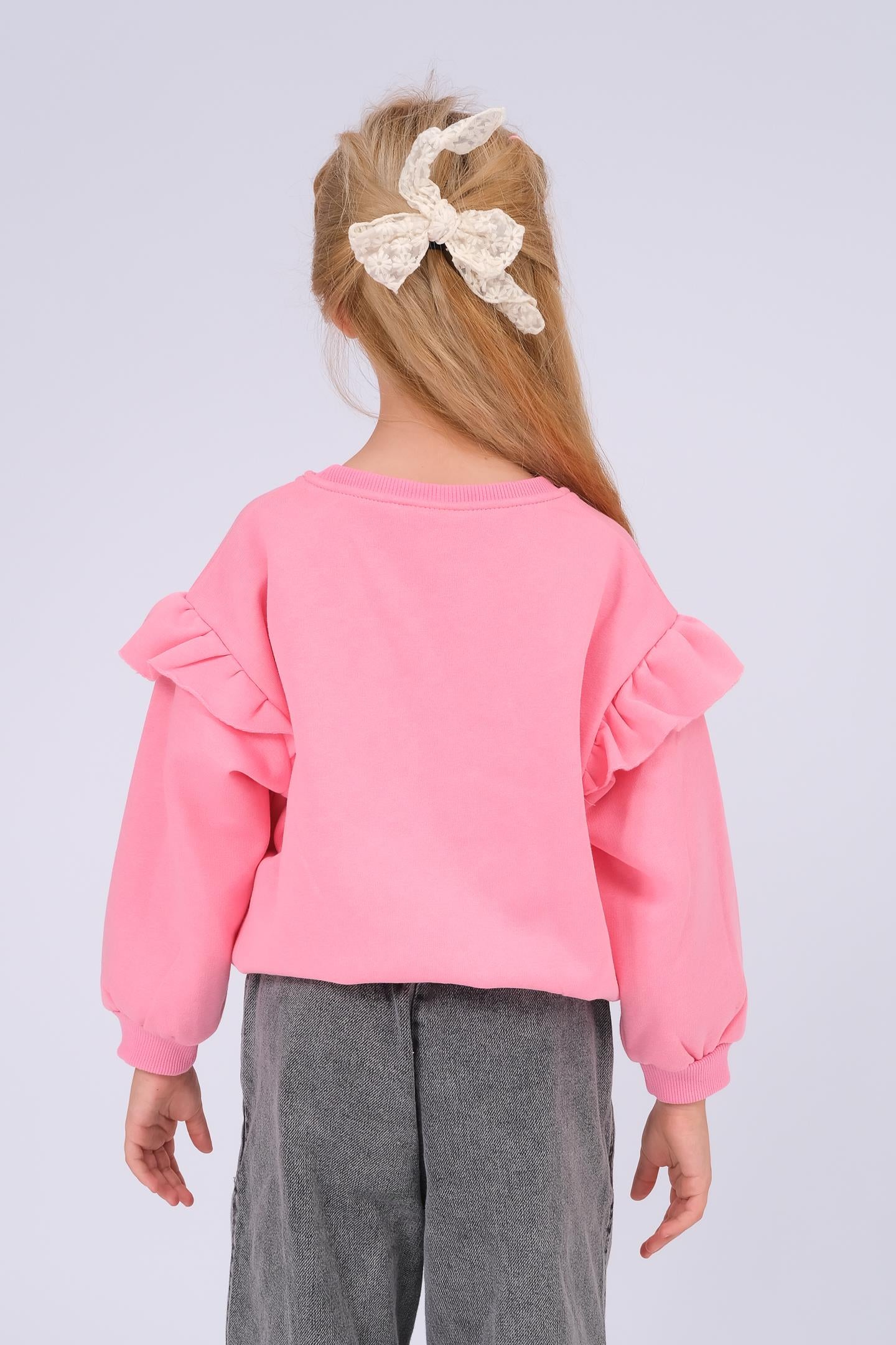 Kız Çocuk Fırfır Detaylı Çiçek İşlemeli Şardonlu Oversize Sweatshirt - Pembe