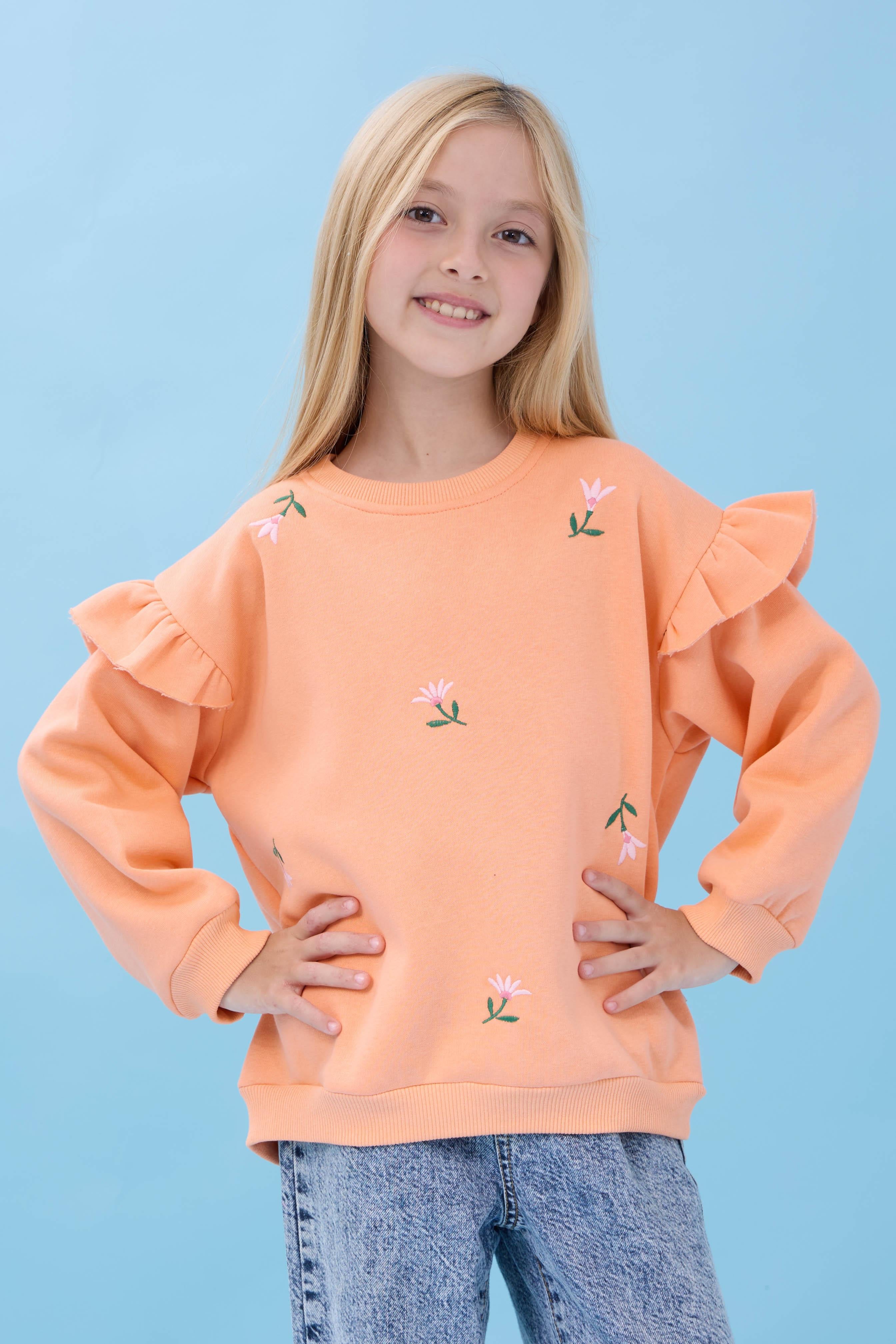 Kız Çocuk Fırfır Detaylı Çiçek İşlemeli Şardonlu Oversize Sweatshirt - Şeftali