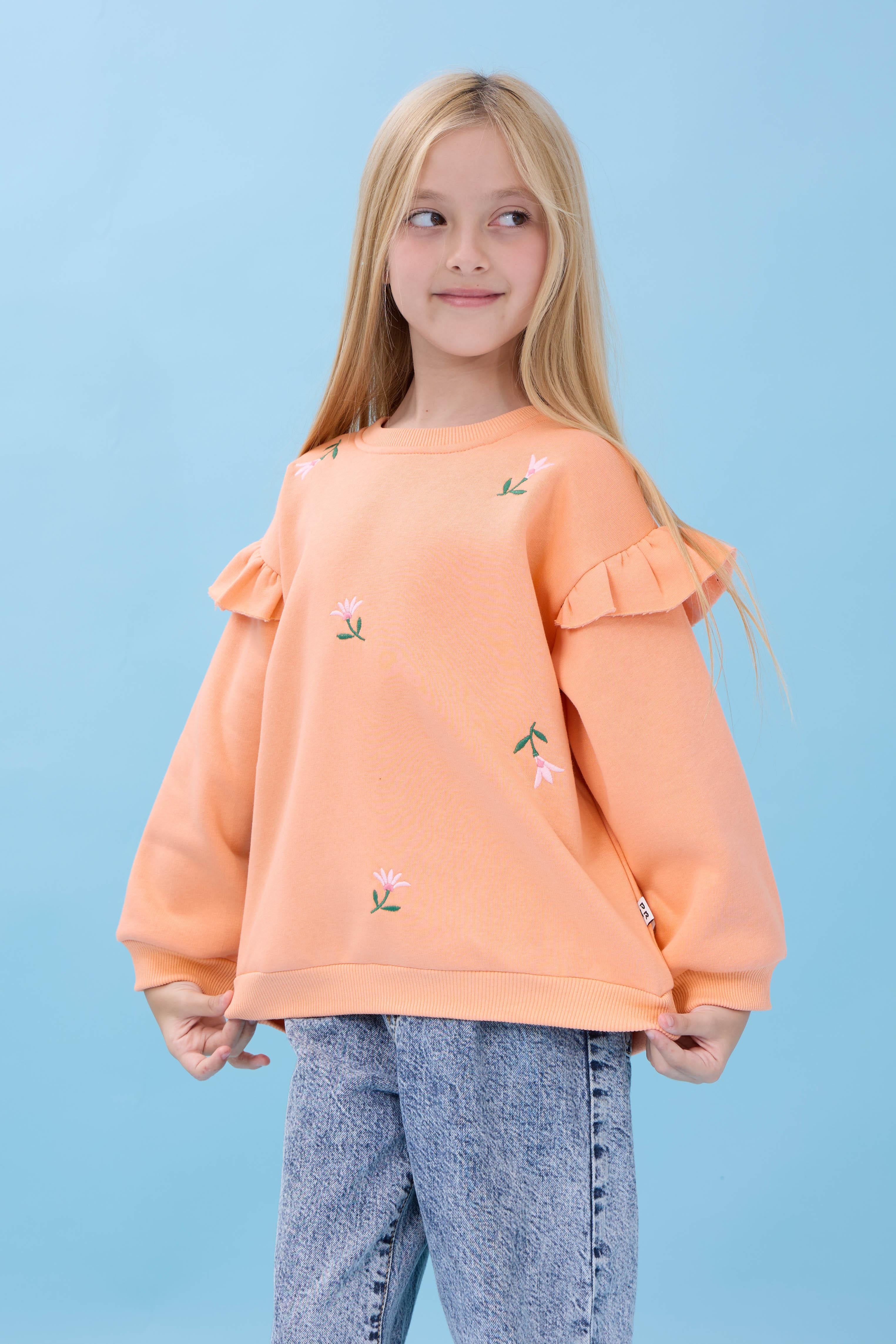 Kız Çocuk Fırfır Detaylı Çiçek İşlemeli Şardonlu Oversize Sweatshirt - Şeftali