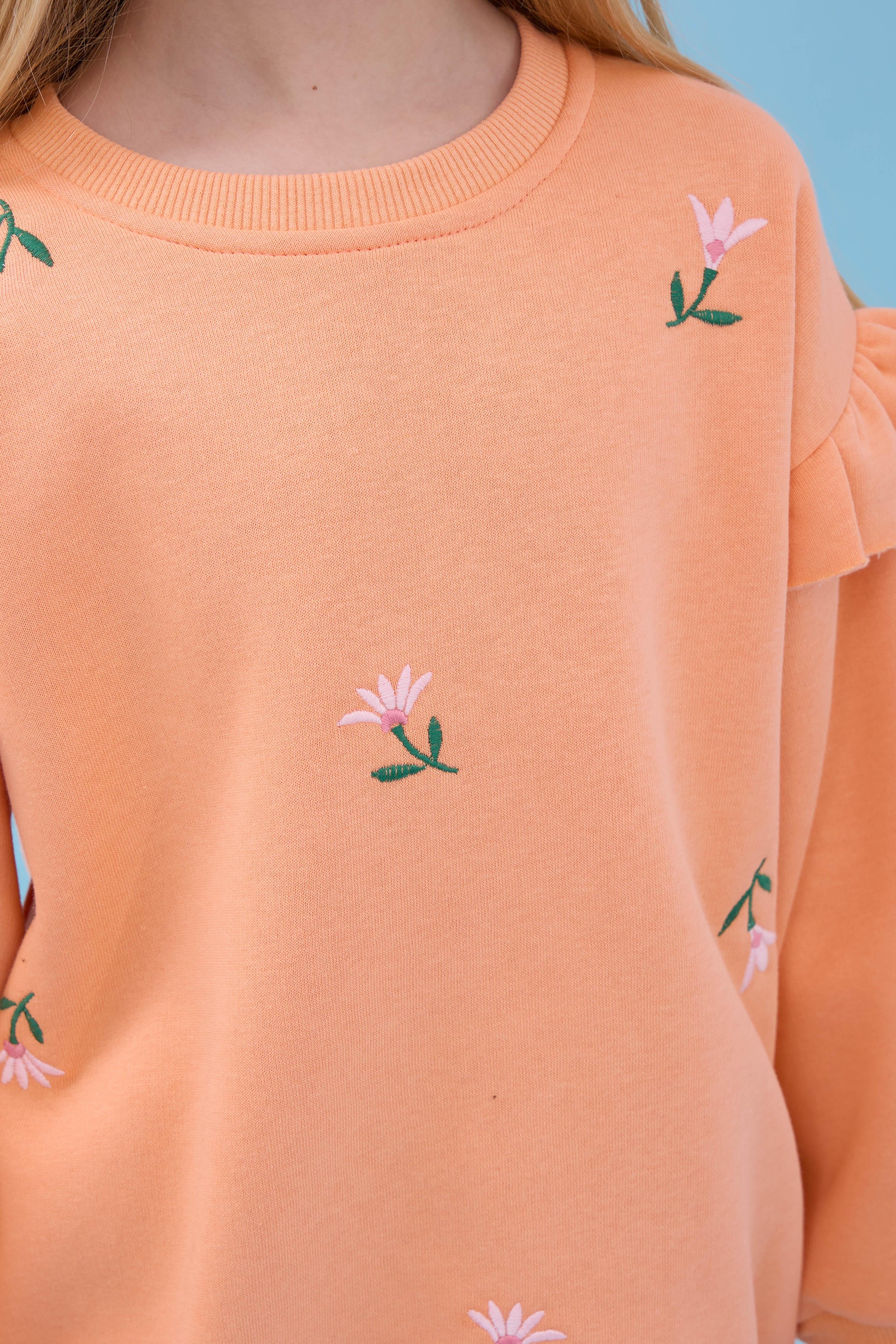 Kız Çocuk Fırfır Detaylı Çiçek İşlemeli Şardonlu Oversize Sweatshirt - Şeftali