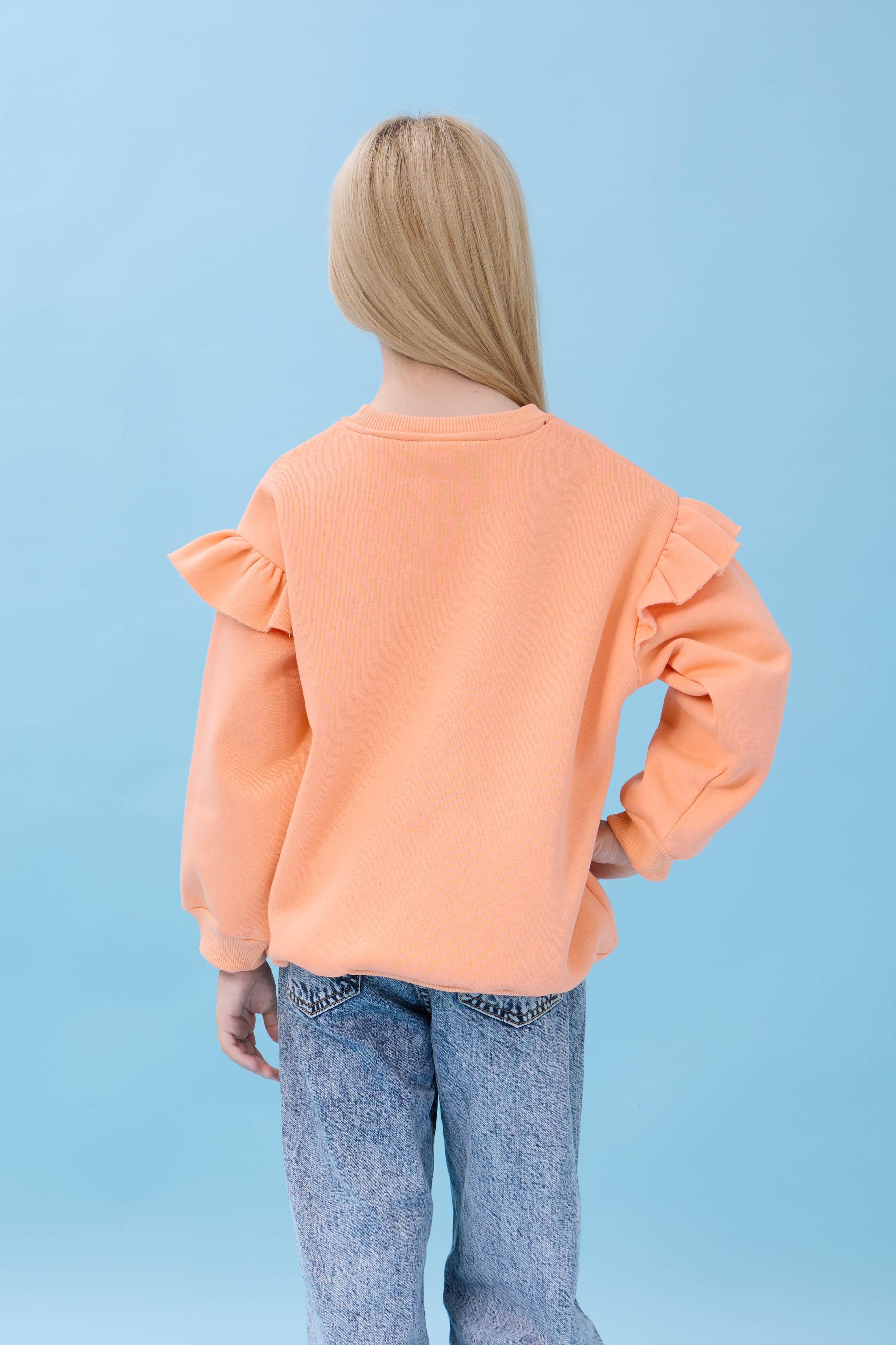 Kız Çocuk Fırfır Detaylı Çiçek İşlemeli Şardonlu Oversize Sweatshirt - Şeftali