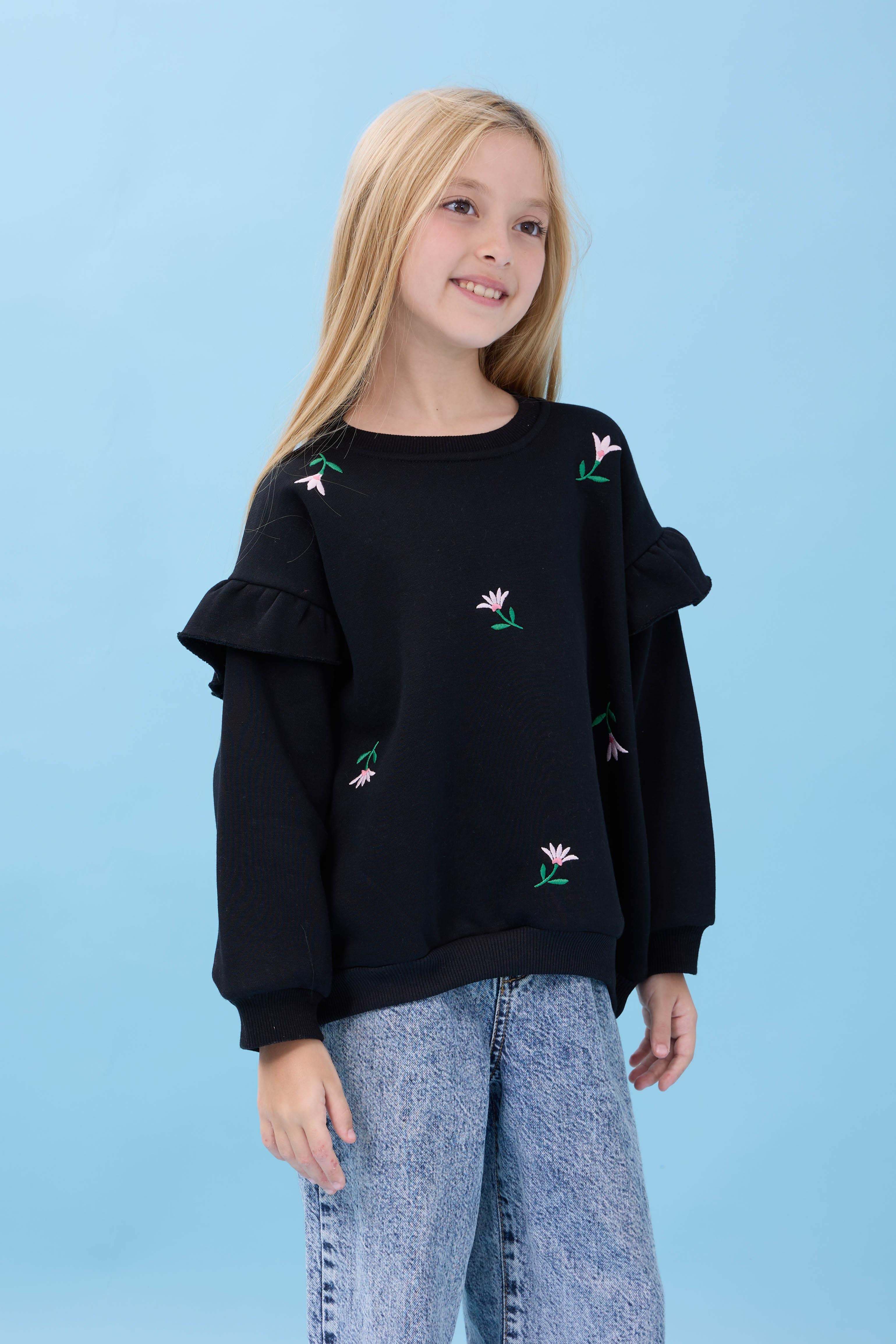 Kız Çocuk Fırfır Detaylı Çiçek İşlemeli Şardonlu Oversize Sweatshirt - Siyah