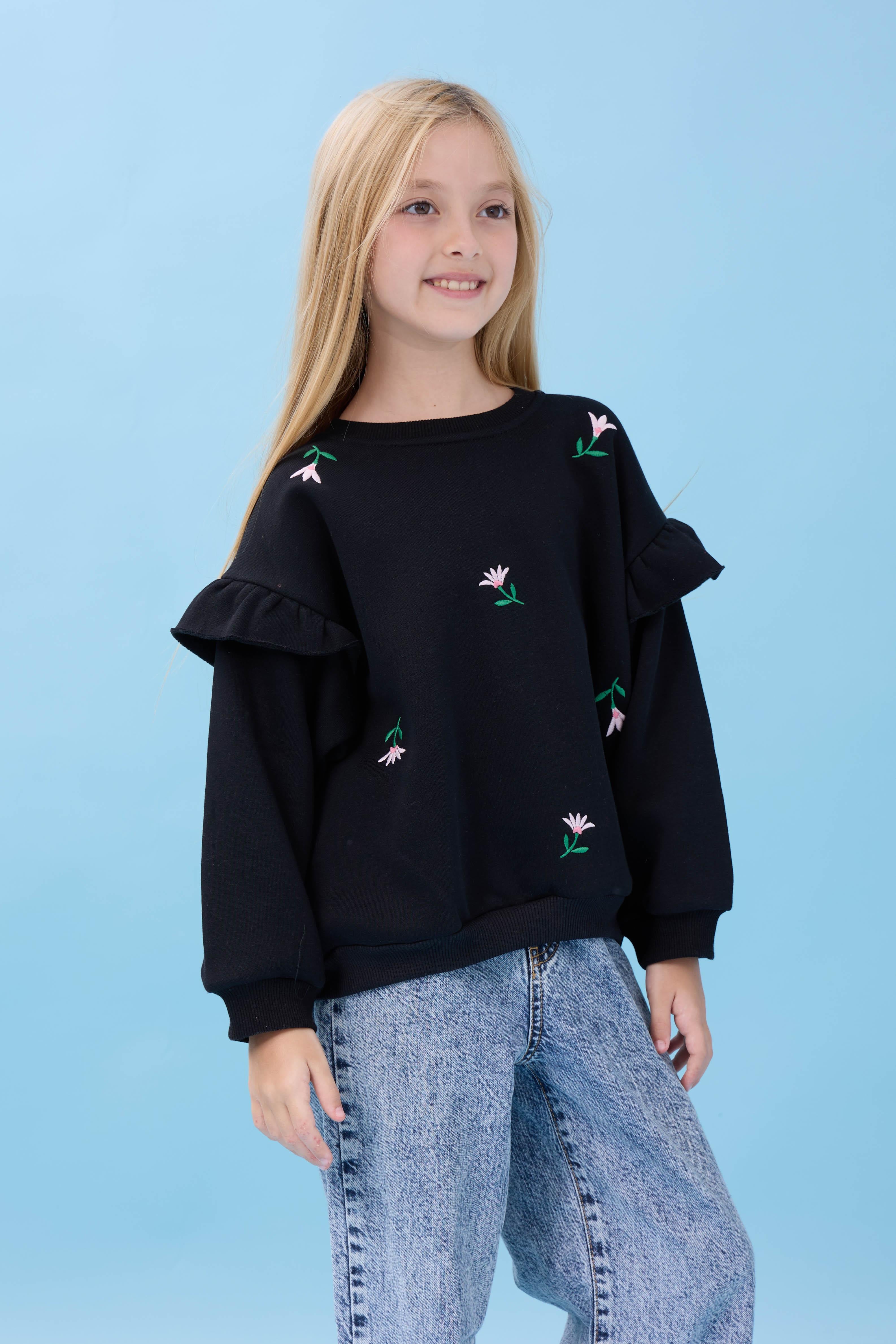 Kız Çocuk Fırfır Detaylı Çiçek İşlemeli Şardonlu Oversize Sweatshirt - Siyah