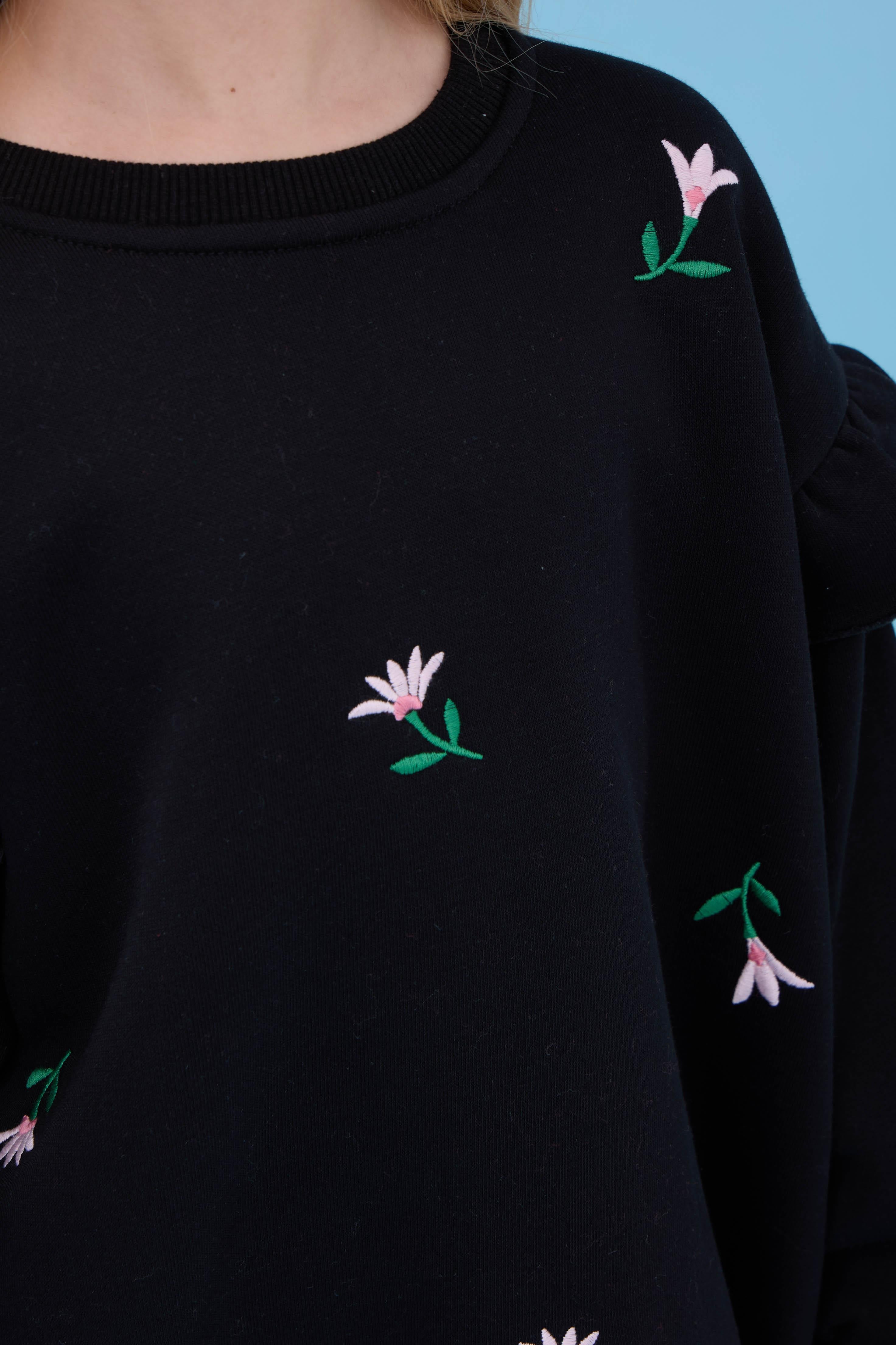 Kız Çocuk Fırfır Detaylı Çiçek İşlemeli Şardonlu Oversize Sweatshirt - Siyah