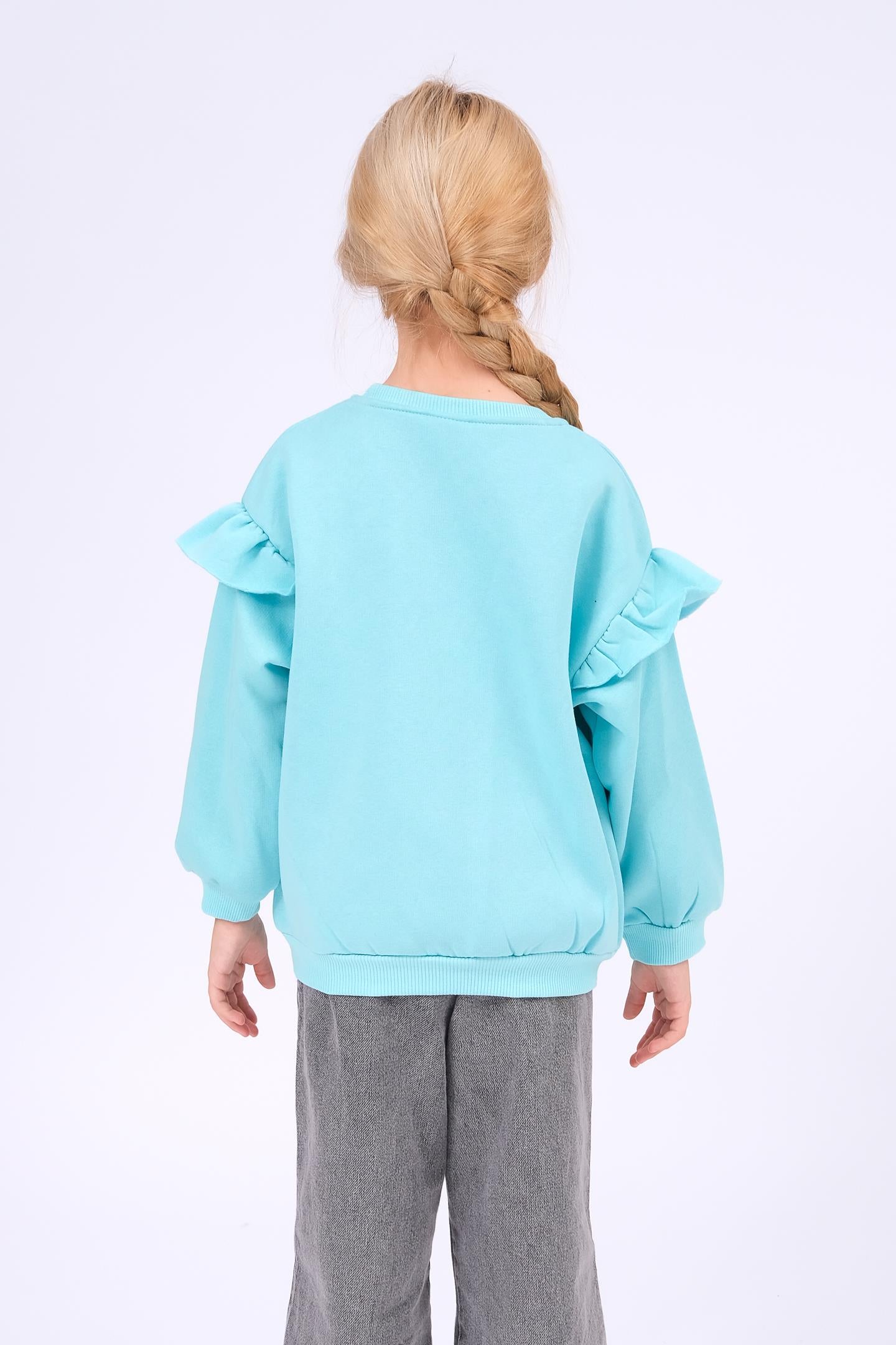 Kız Çocuk Fırfır Detaylı Çiçek İşlemeli Şardonlu Oversize Sweatshirt - Su Yeşili