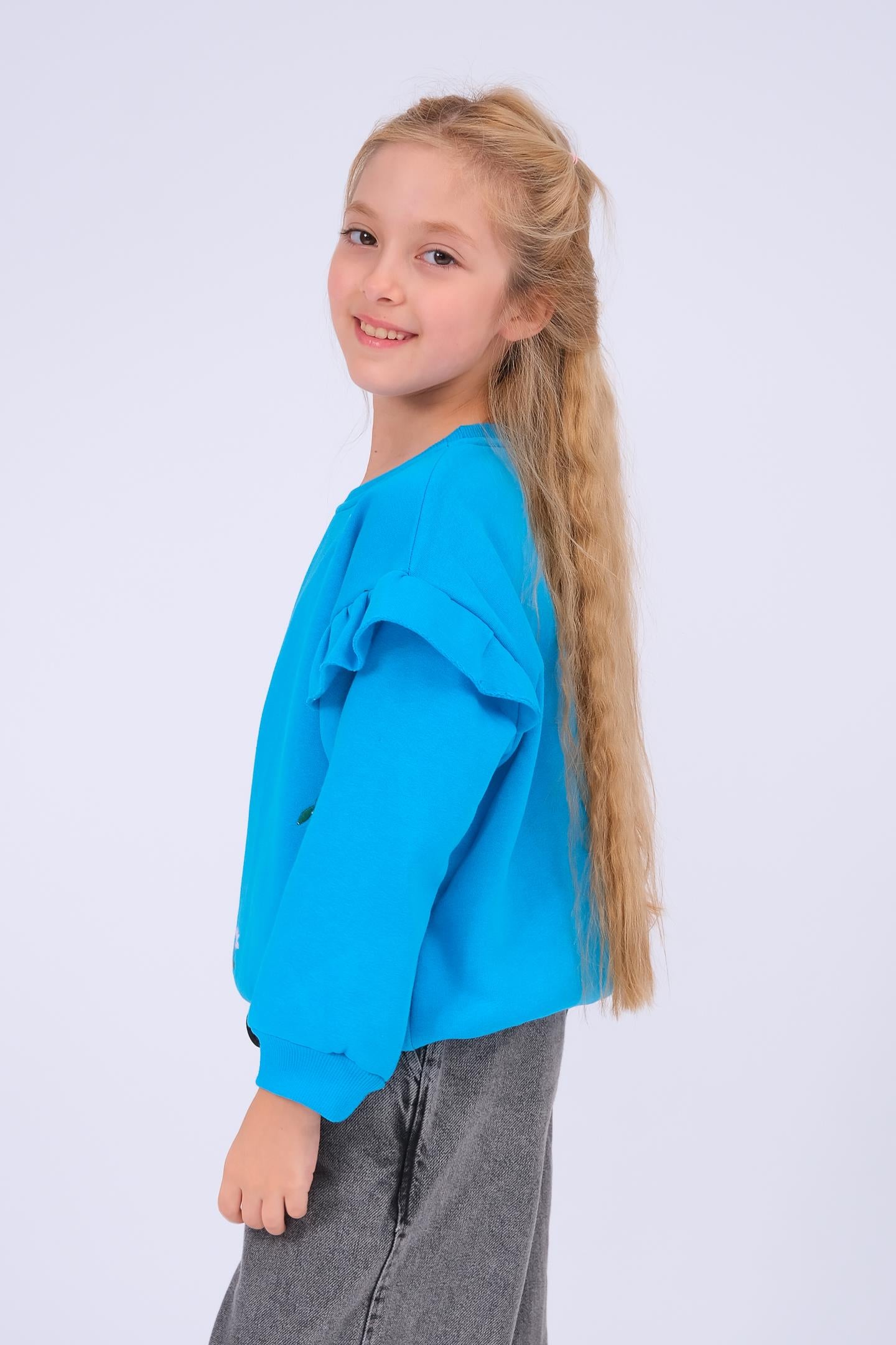 Kız Çocuk Fırfır Detaylı Çiçek İşlemeli Şardonlu Oversize Sweatshirt - Turkuaz