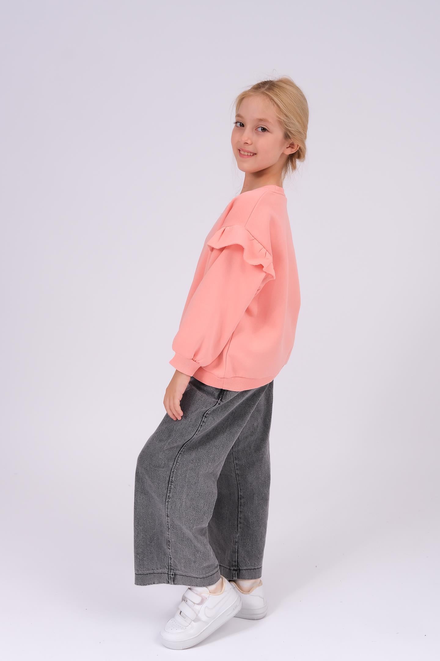 Kız Çocuk Fırfır Detaylı Çiçek İşlemeli Şardonlu Oversize Sweatshirt - Yavruağzı