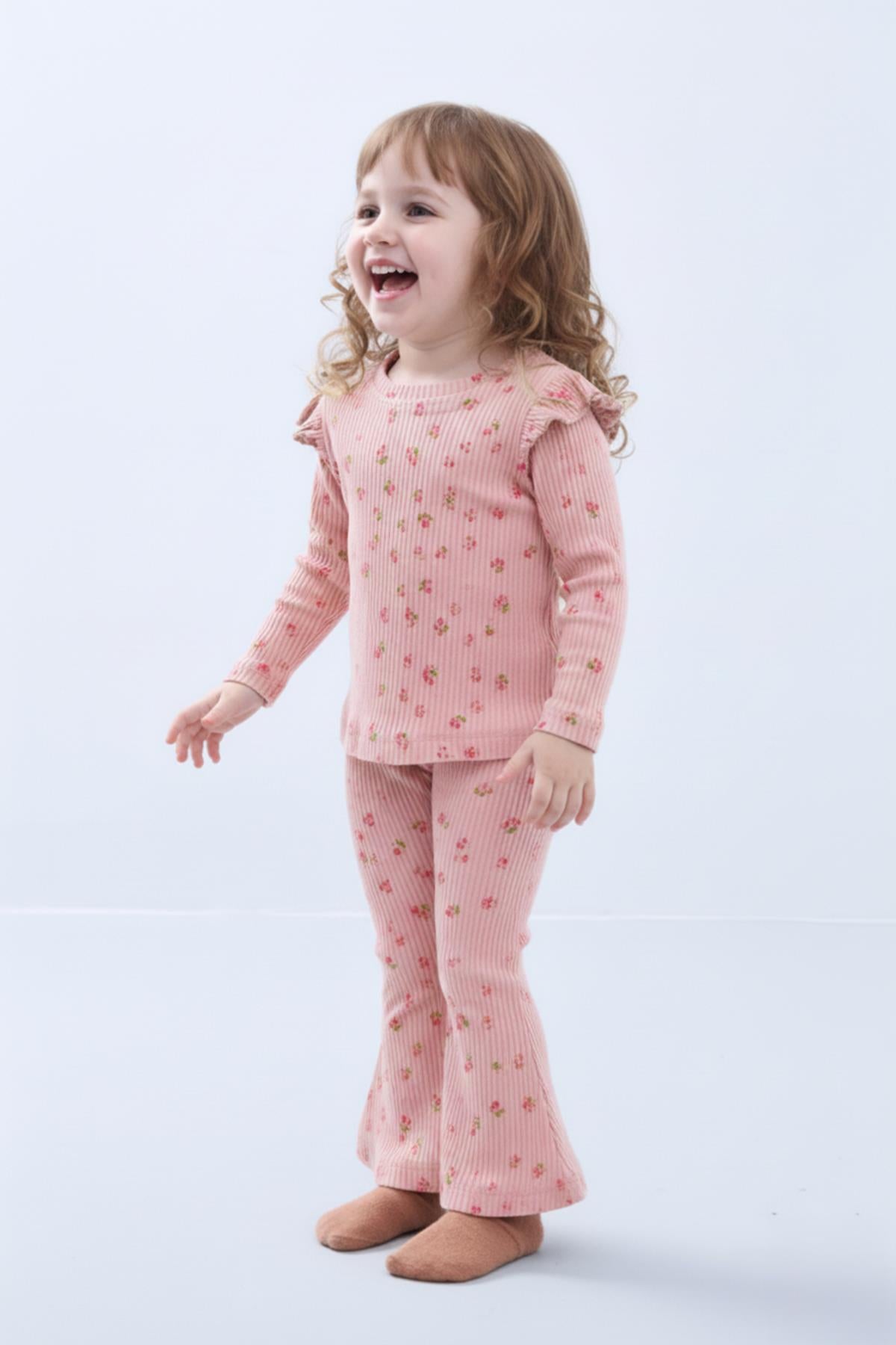 Kız Çocuk Fırfır Kol Çiçekli Fitilli Takım – Pudra