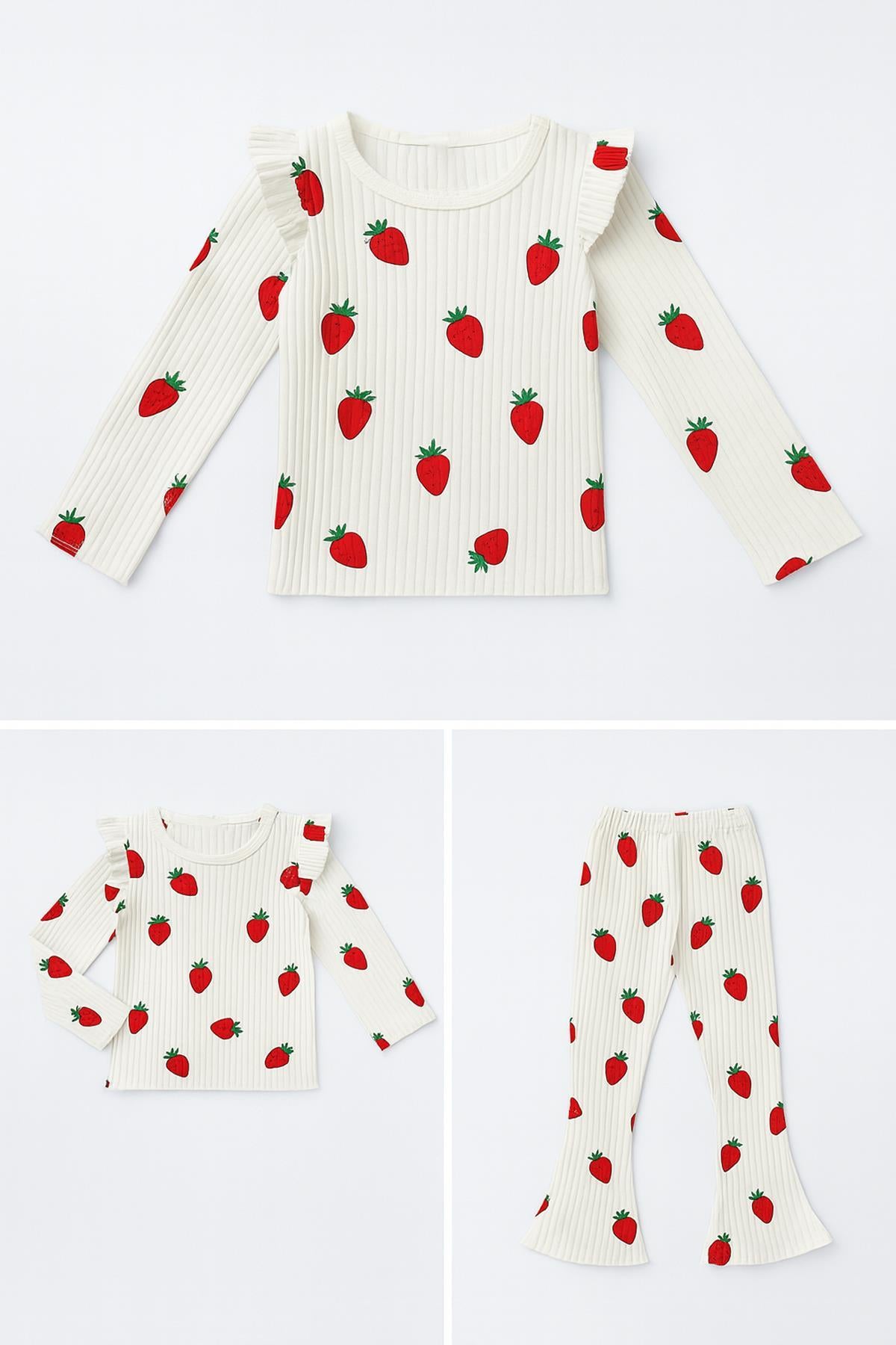 Kız Çocuk Fırfır Kol Çilekli Fitilli Takım