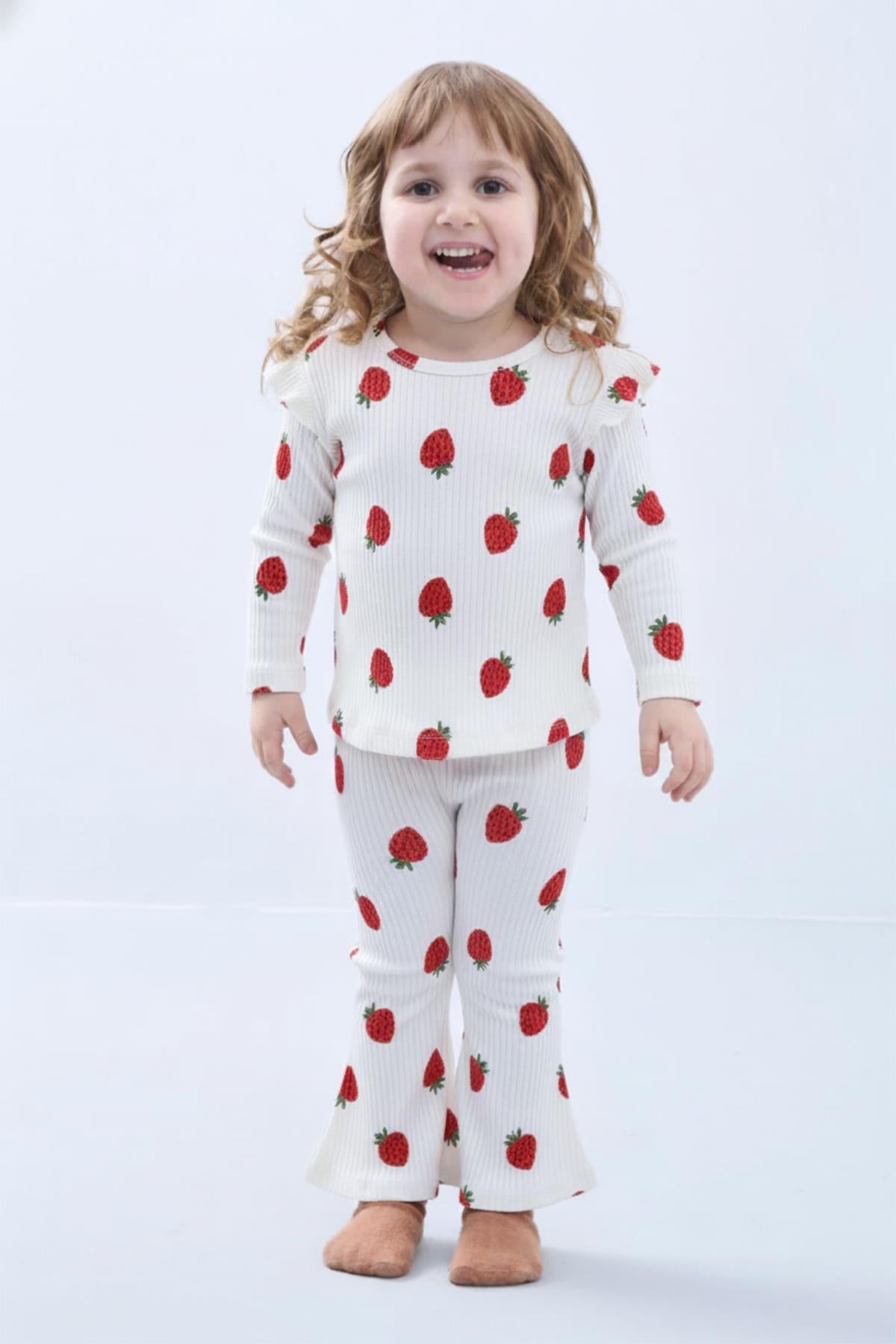 Kız Çocuk Fırfır Kol Çilekli Fitilli Takım