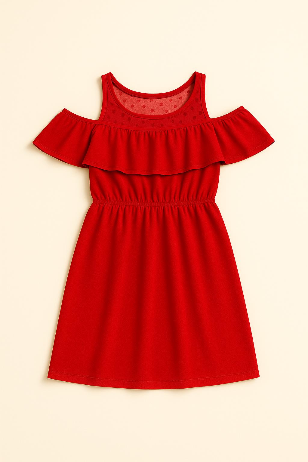 Kız Çocuk Fırfırlı Dantel Detaylı Pamuklu Kırmızı Elbise