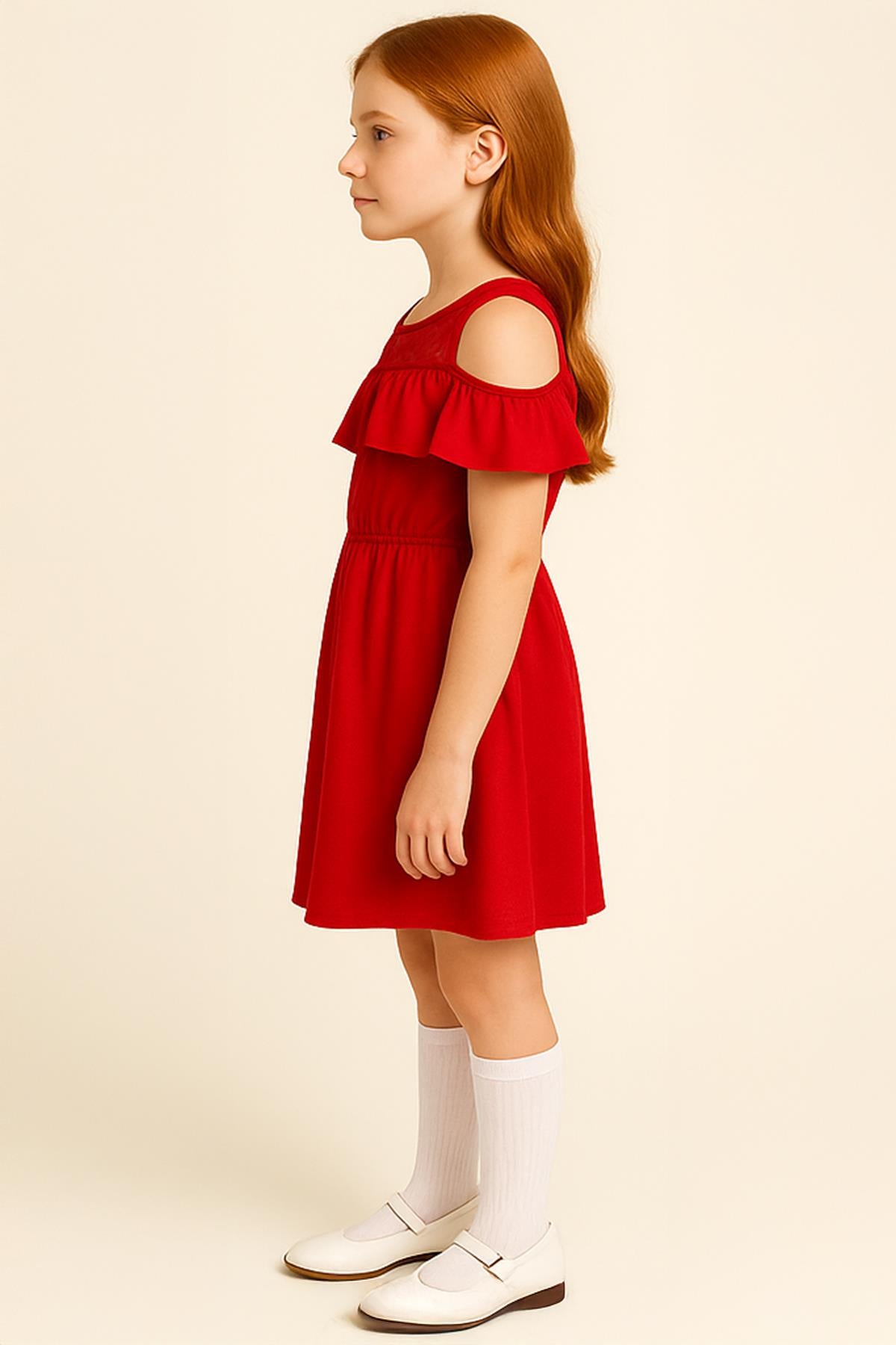 Kız Çocuk Fırfırlı Dantel Detaylı Pamuklu Kırmızı Elbise