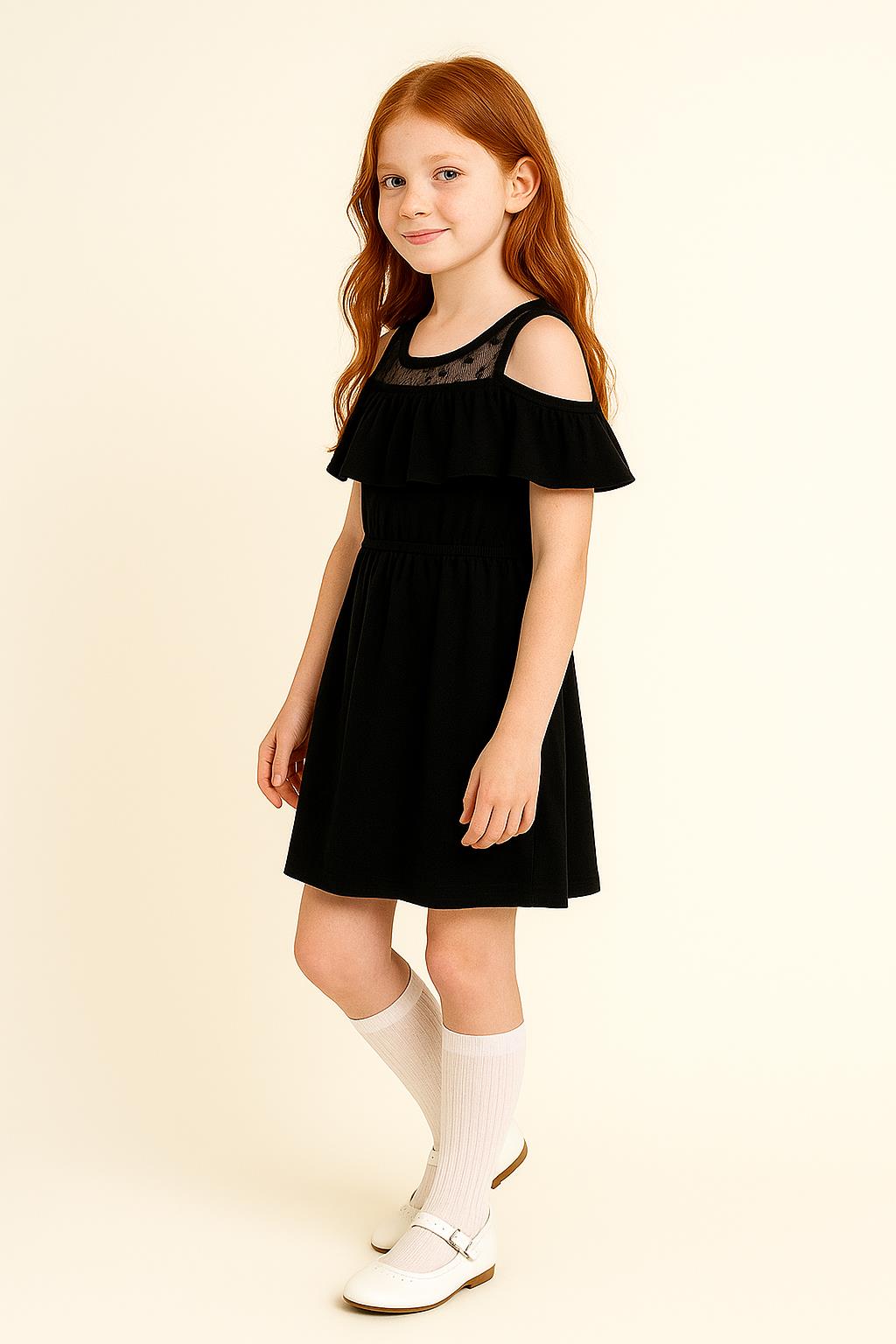 Kız Çocuk Fırfırlı Dantel Detaylı Pamuklu Siyah Elbise