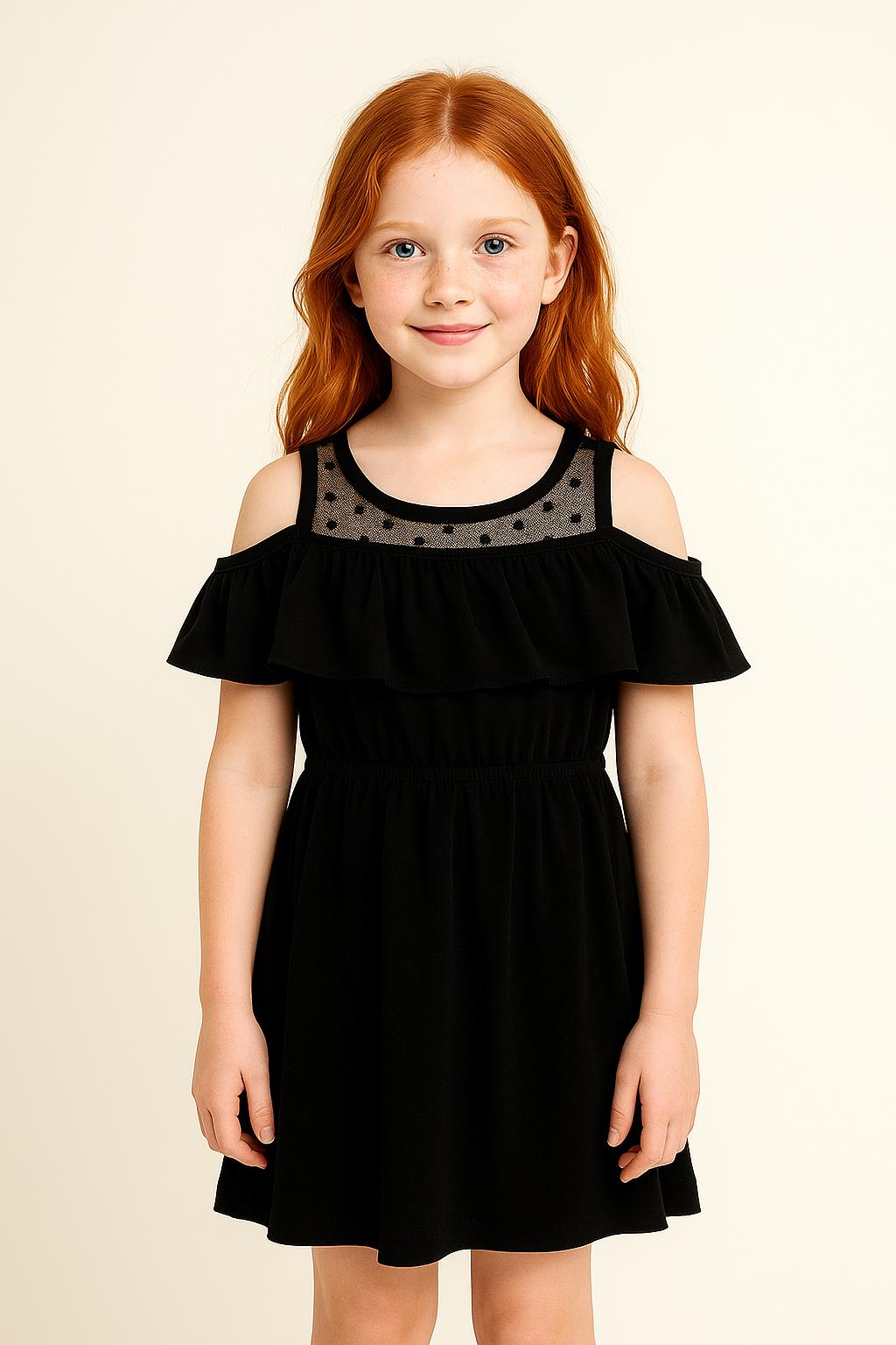 Kız Çocuk Fırfırlı Dantel Detaylı Pamuklu Siyah Elbise