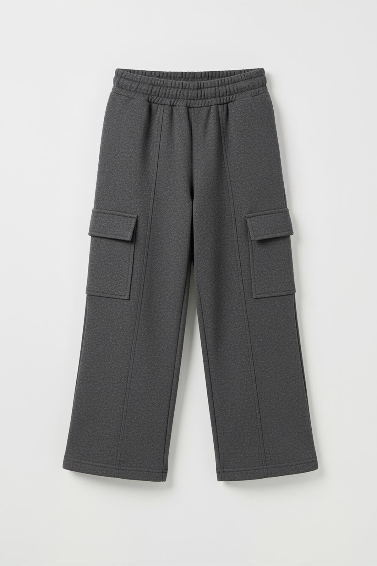 Kız Çocuk Geniş Paça Kargo Cepli Jogger Eşofman Altı – Antrasit