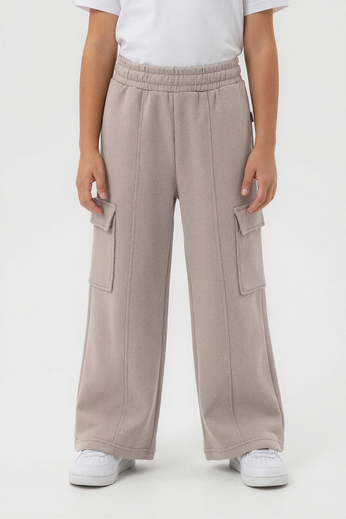 Kız Çocuk Geniş Paça Kargo Cepli Jogger Eşofman Altı – Gri
