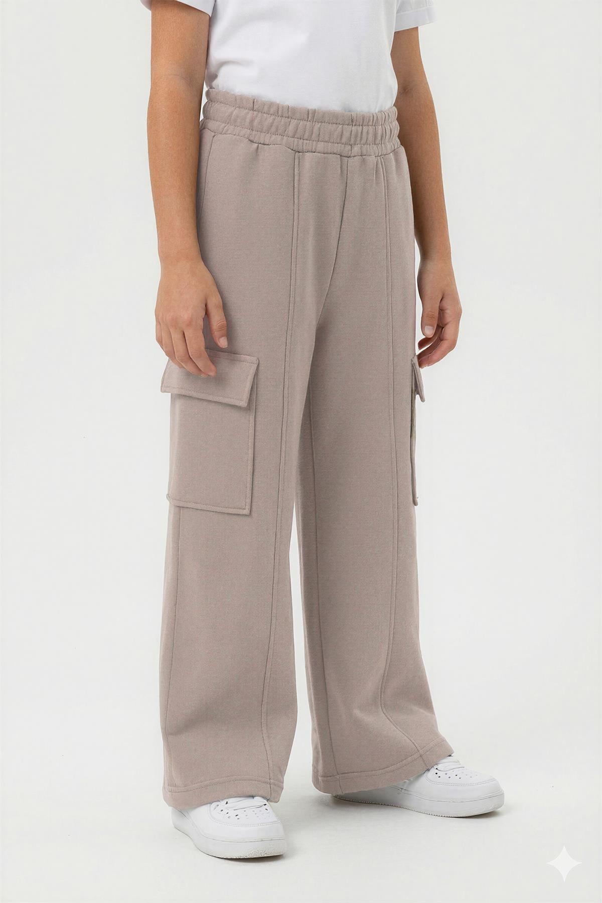 Kız Çocuk Geniş Paça Kargo Cepli Jogger Eşofman Altı – Gri