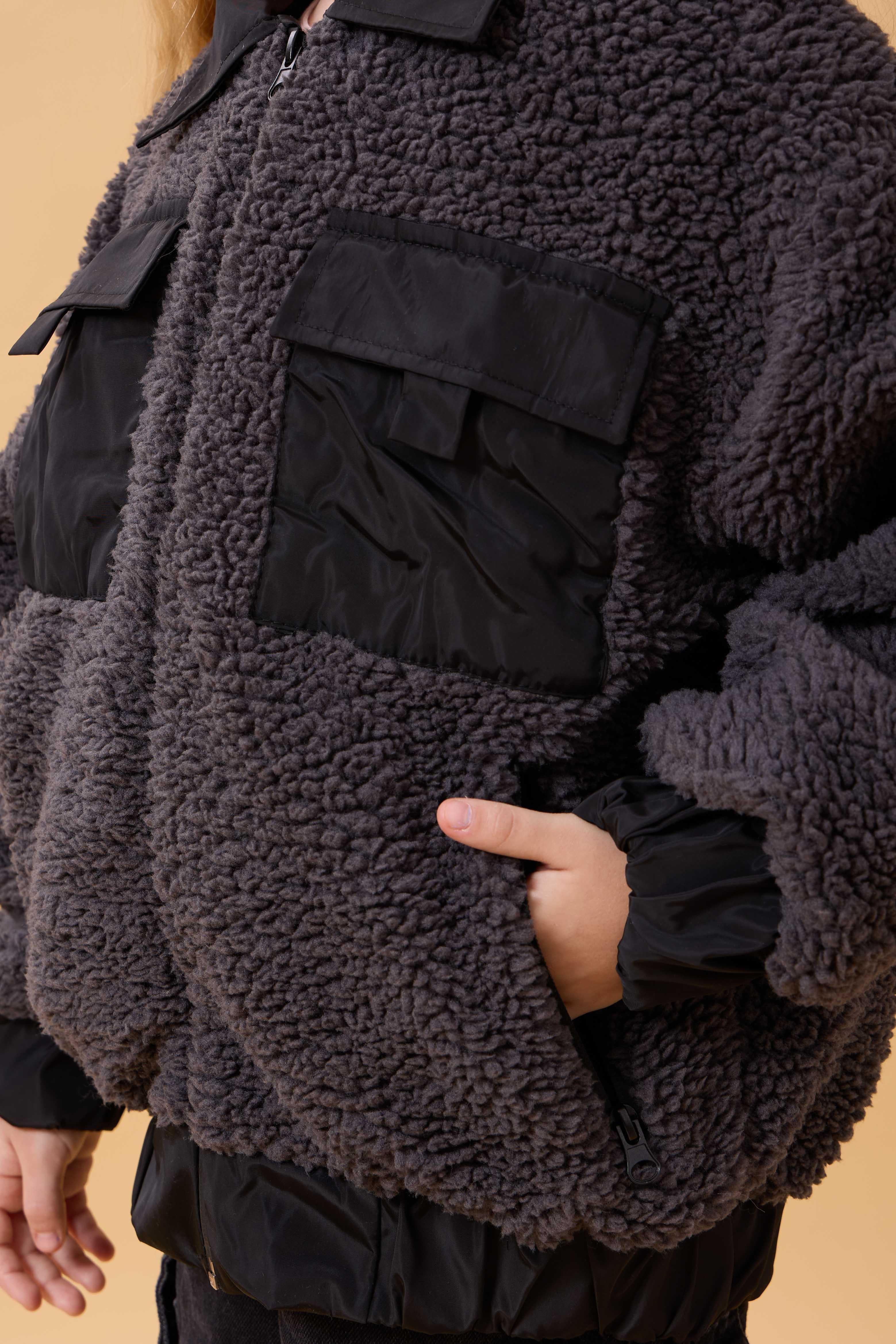 Kız Çocuk Gömlek Yaka Cepli Peluş Kışlık Mont