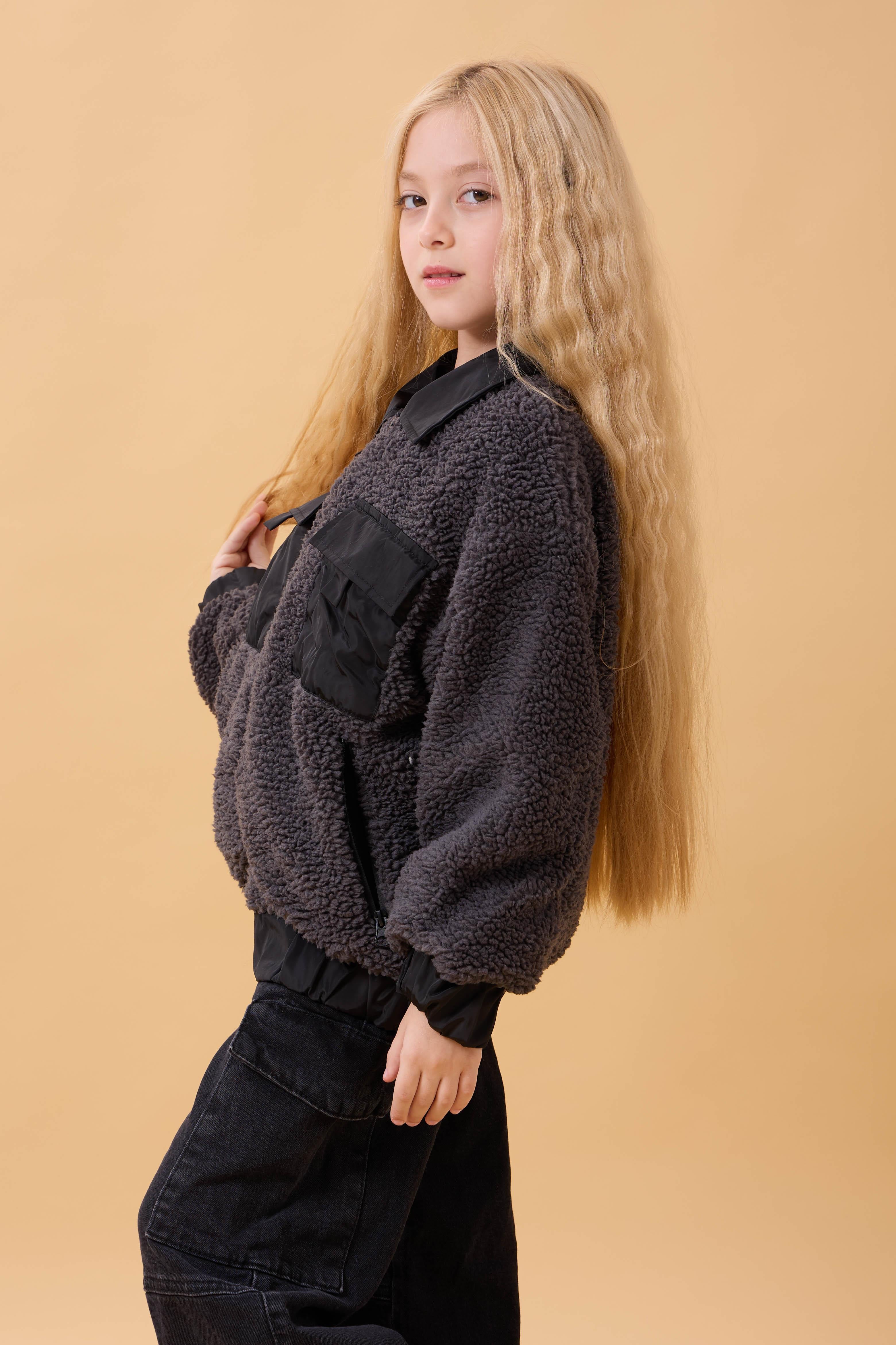 Kız Çocuk Gömlek Yaka Cepli Peluş Kışlık Mont