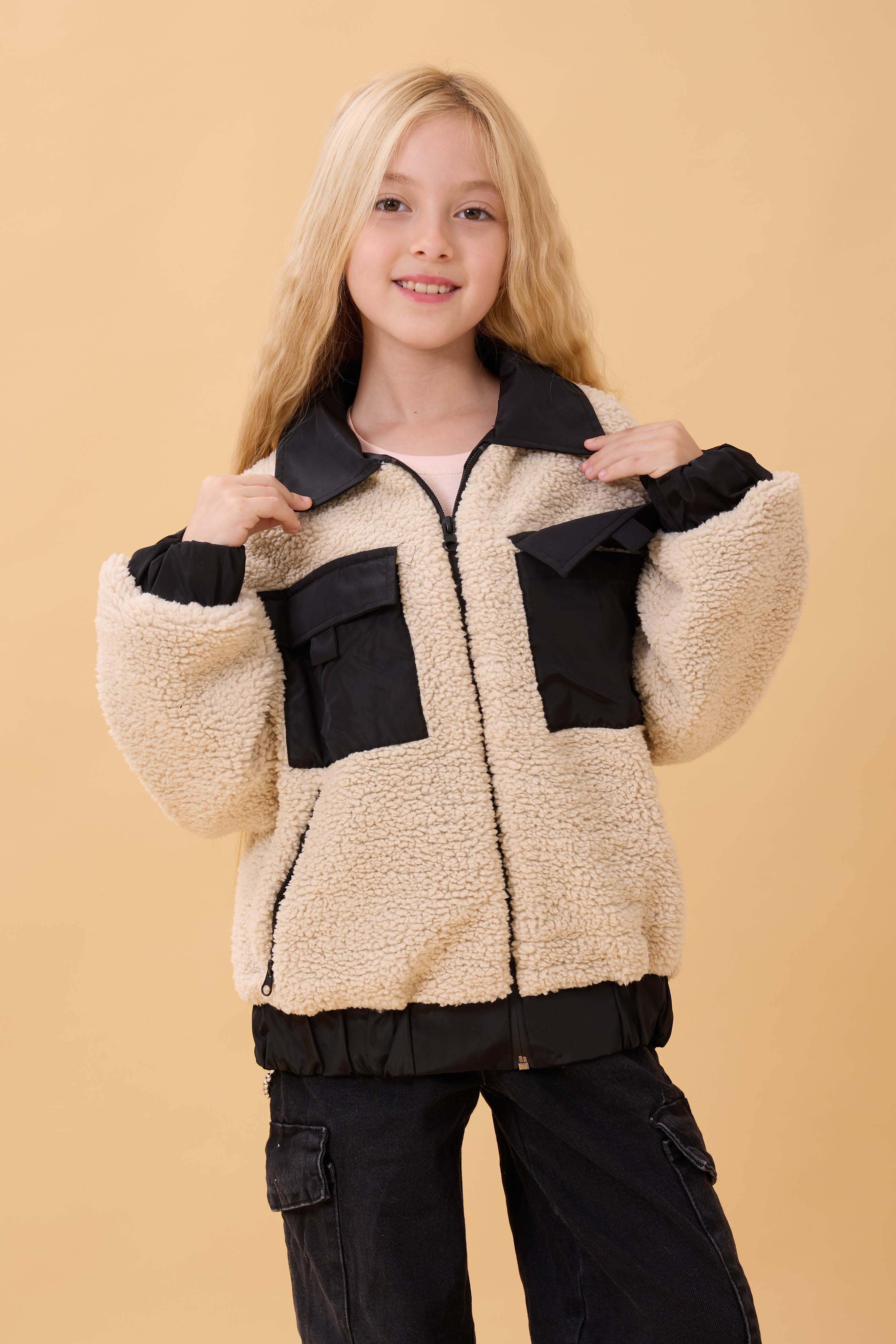 Kız Çocuk Gömlek Yaka Cepli Peluş Kışlık Mont