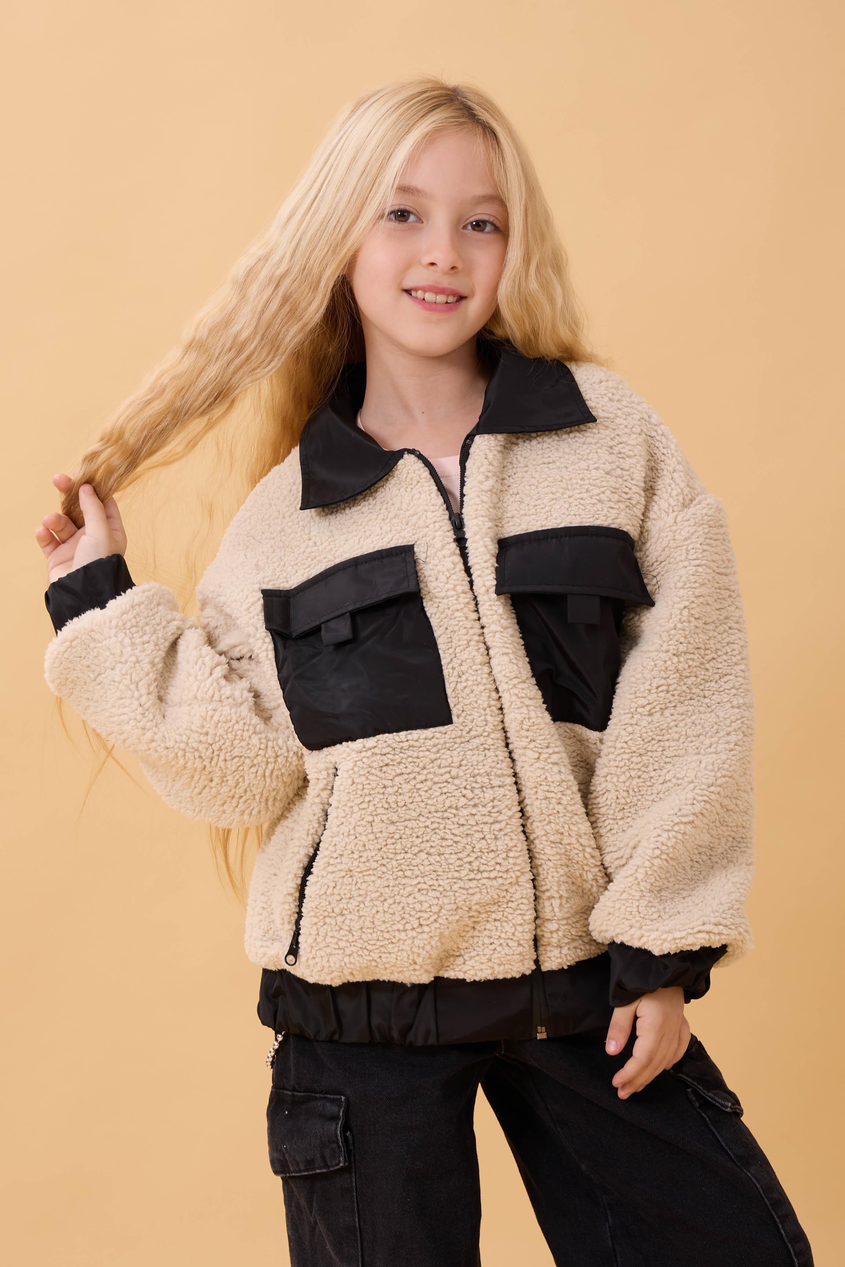 Kız Çocuk Gömlek Yaka Cepli Peluş Kışlık Mont