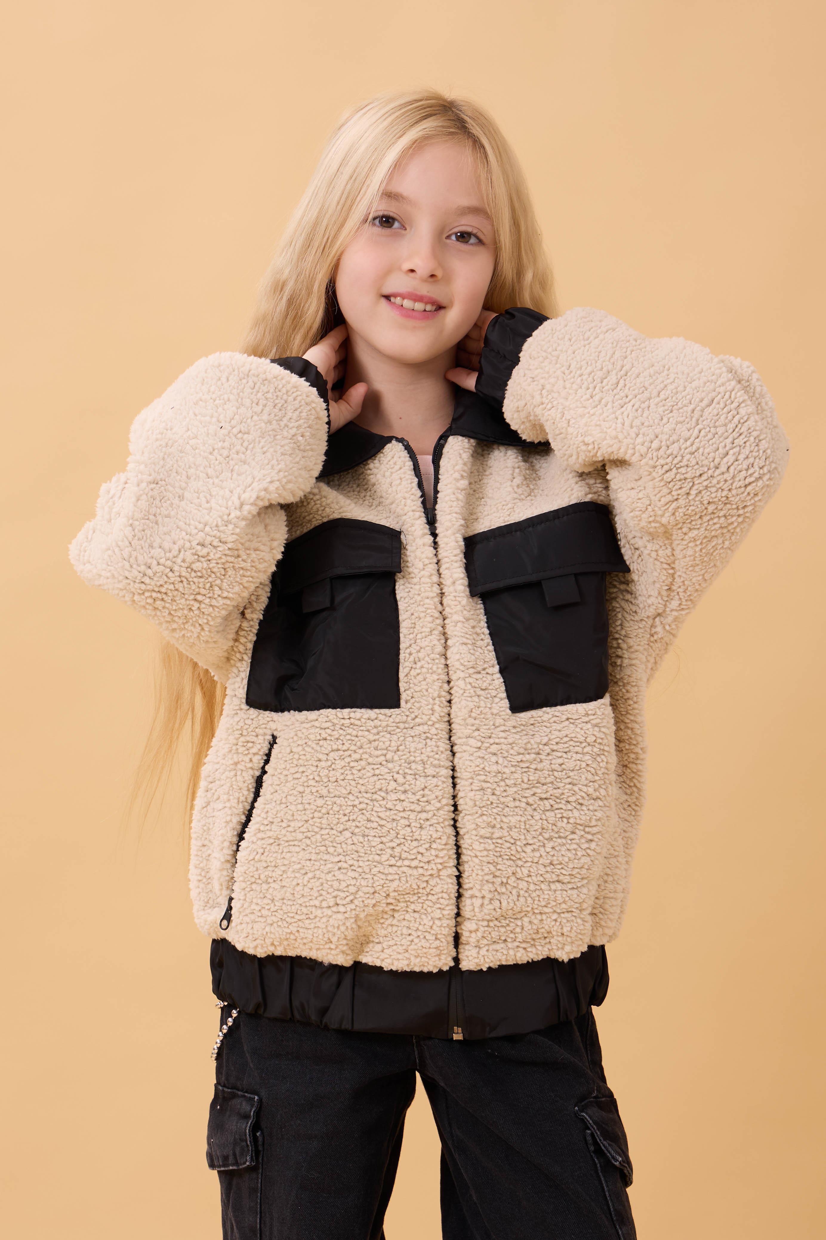 Kız Çocuk Gömlek Yaka Cepli Peluş Kışlık Mont