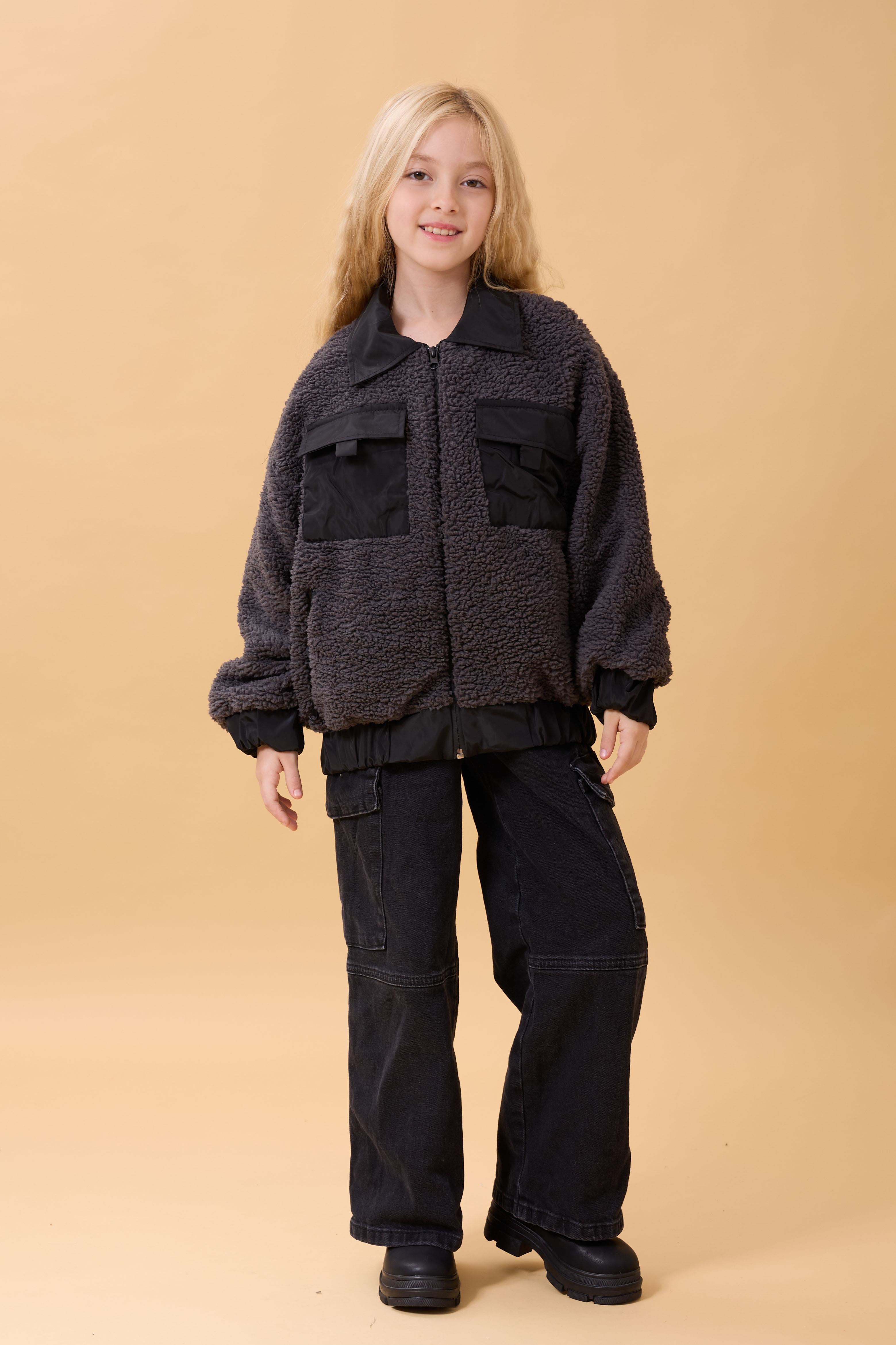 Kız Çocuk Gömlek Yaka Cepli Peluş Kışlık Mont Antrasit