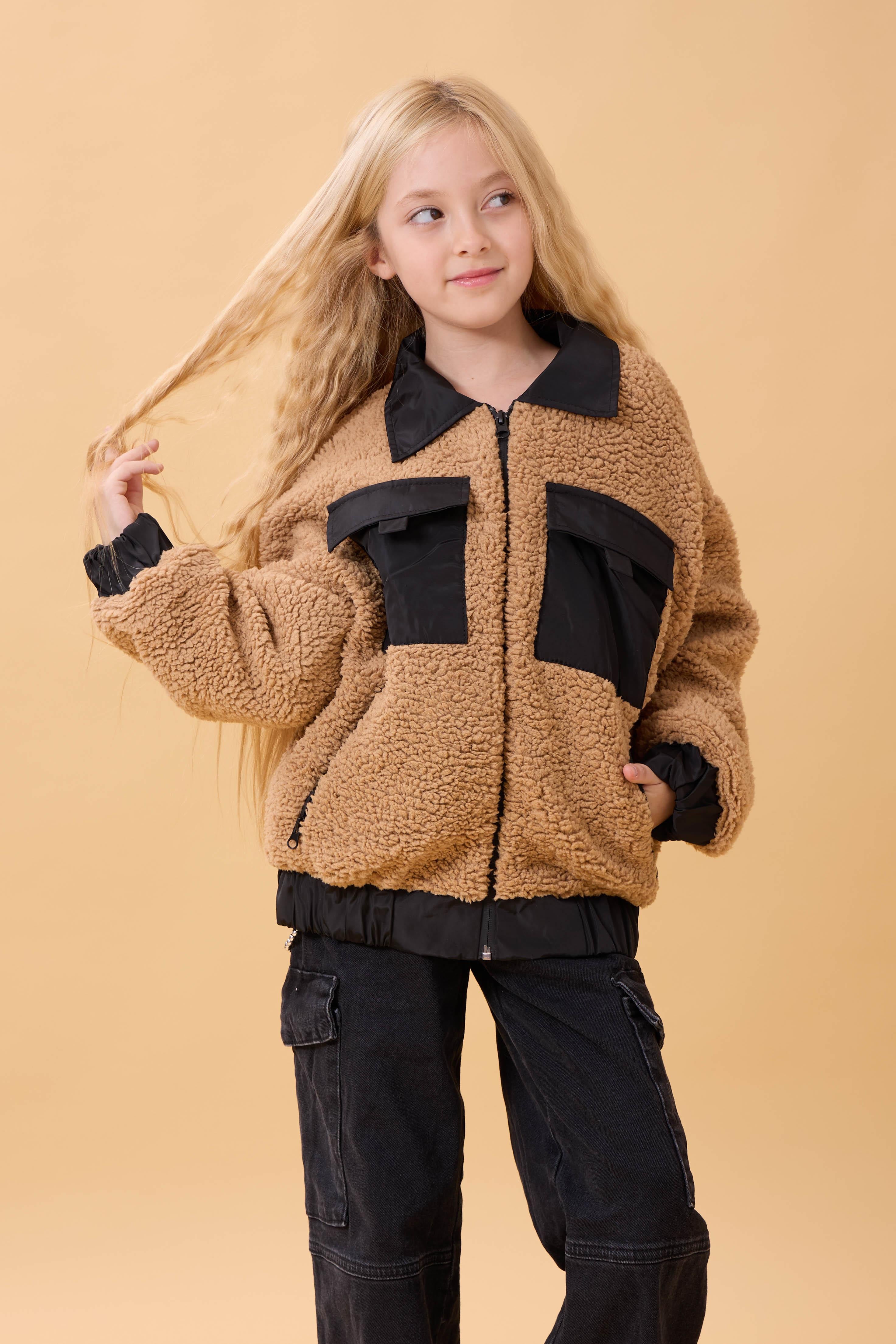Kız Çocuk Gömlek Yaka Cepli Peluş Kışlık Mont Kahverengi
