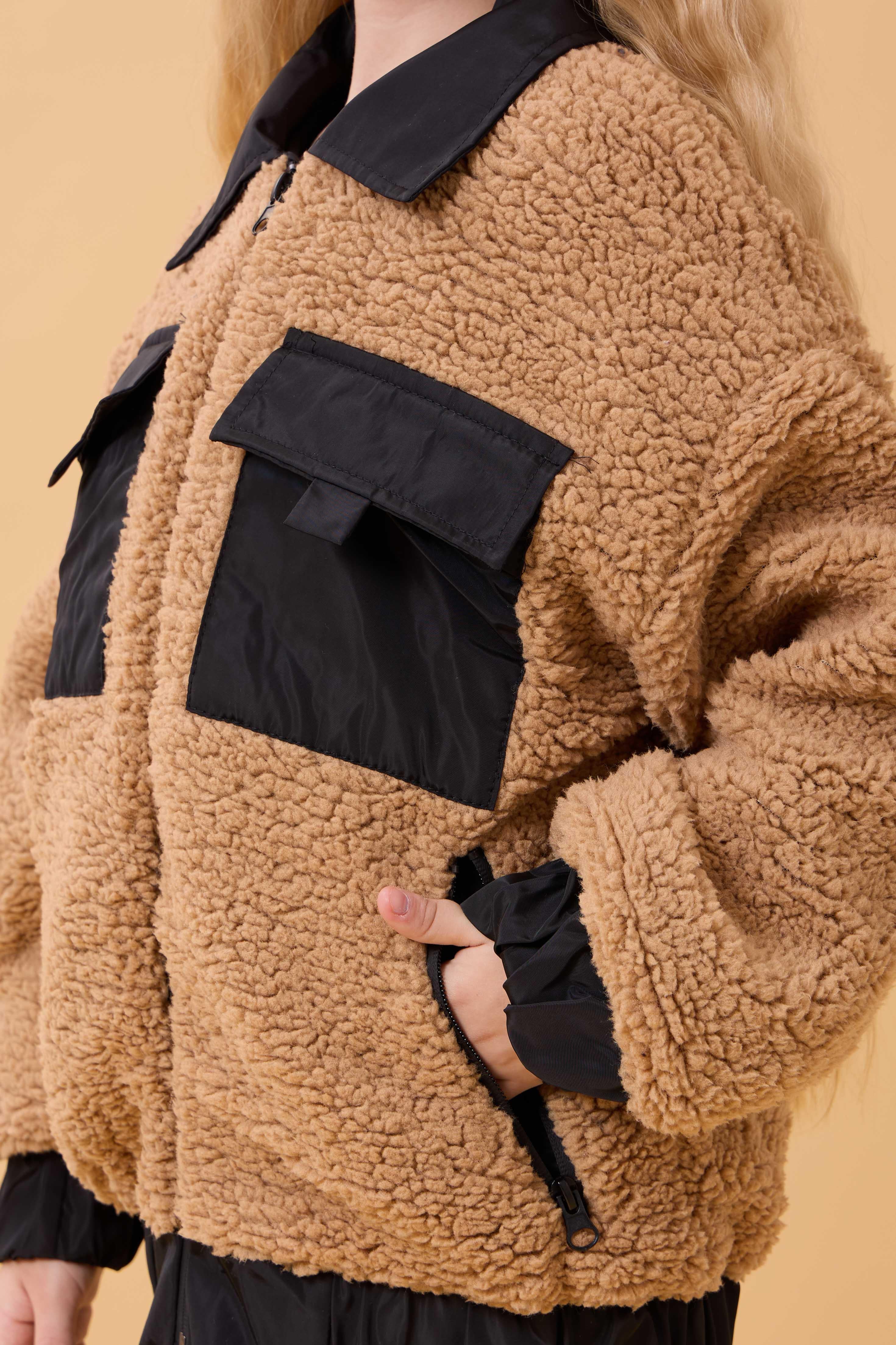 Kız Çocuk Gömlek Yaka Cepli Peluş Kışlık Mont Kahverengi