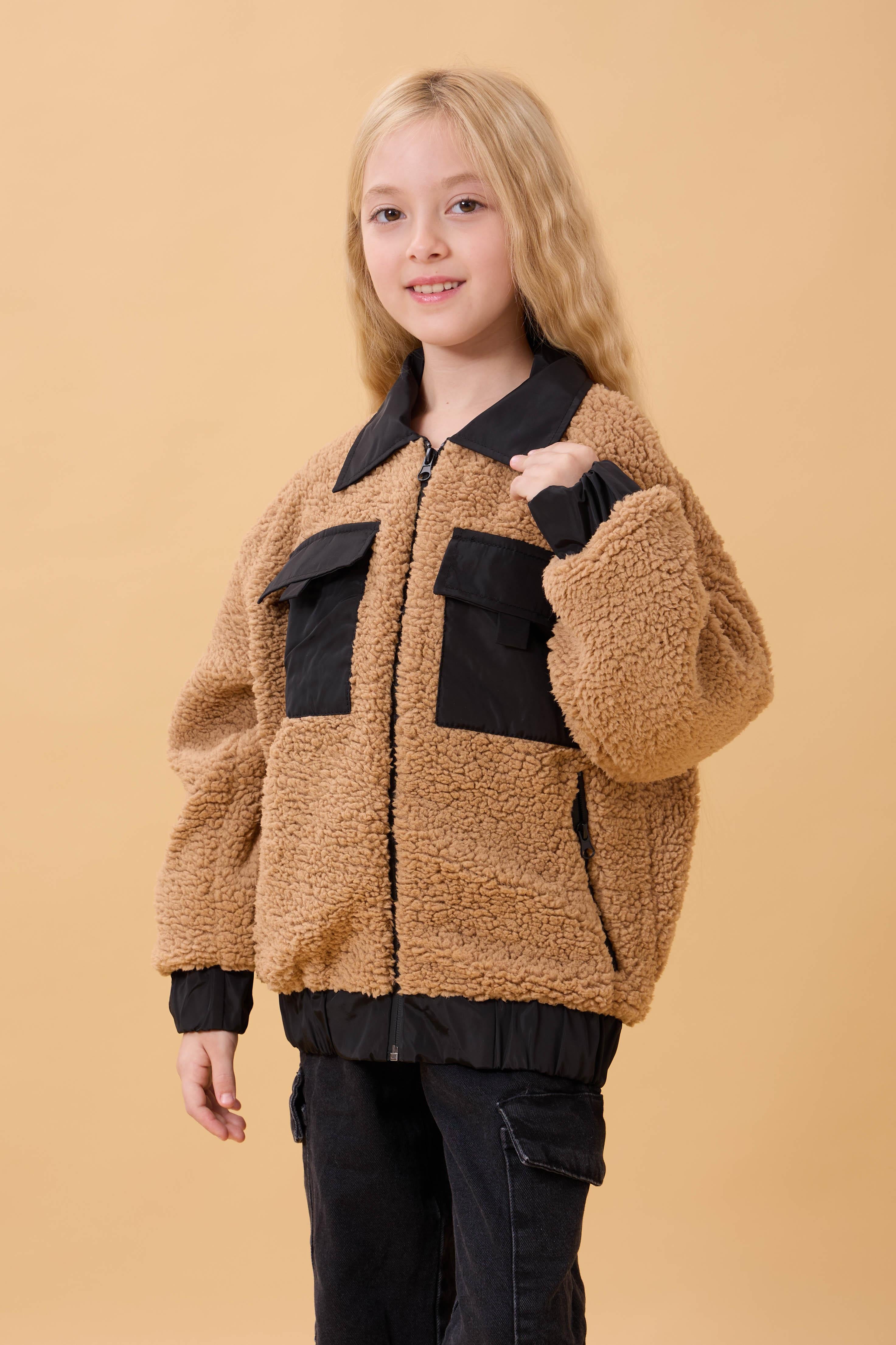 Kız Çocuk Gömlek Yaka Cepli Peluş Kışlık Mont Kahverengi