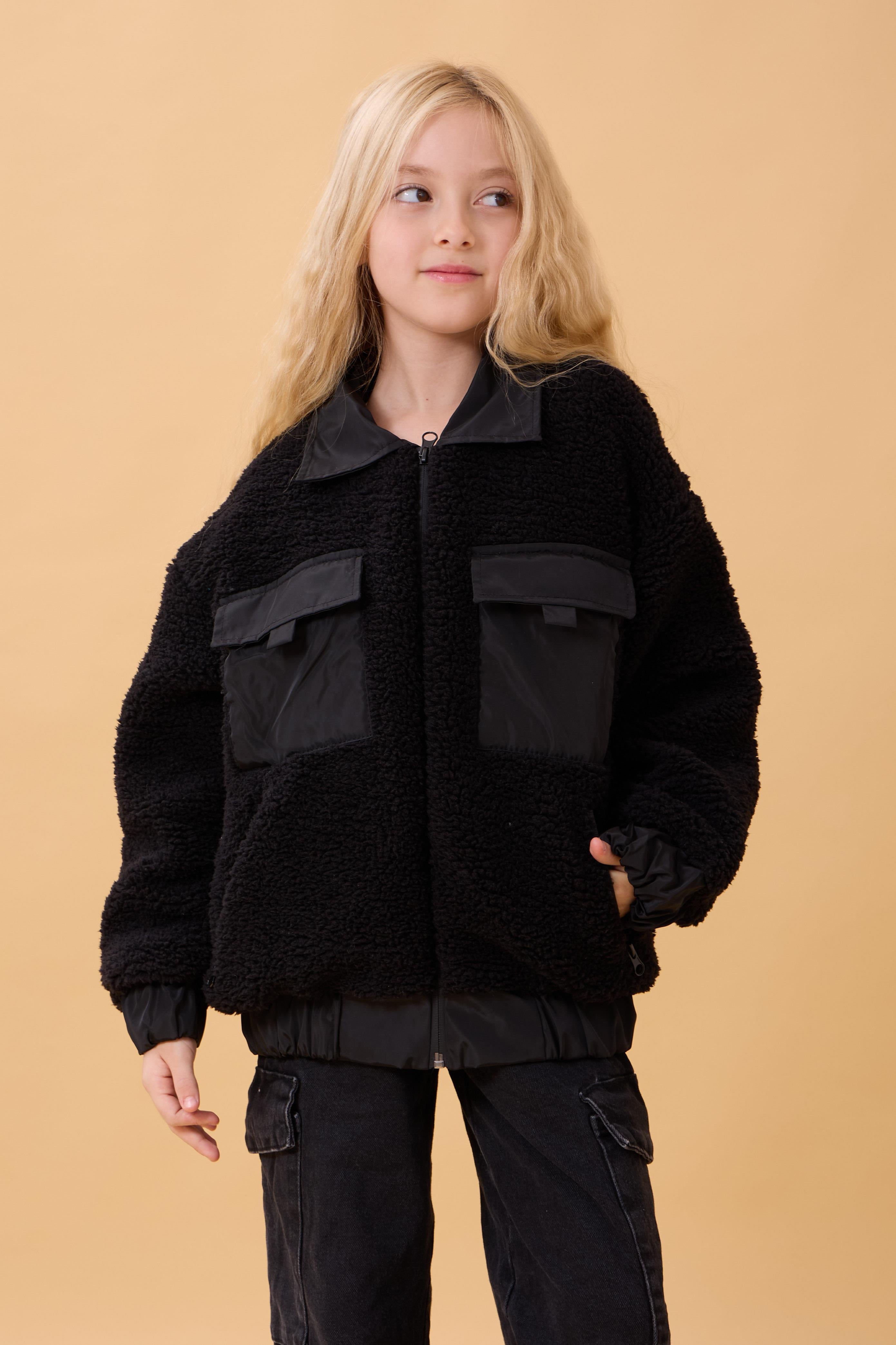 Kız Çocuk Gömlek Yaka Cepli Peluş Kışlık Mont Siyah