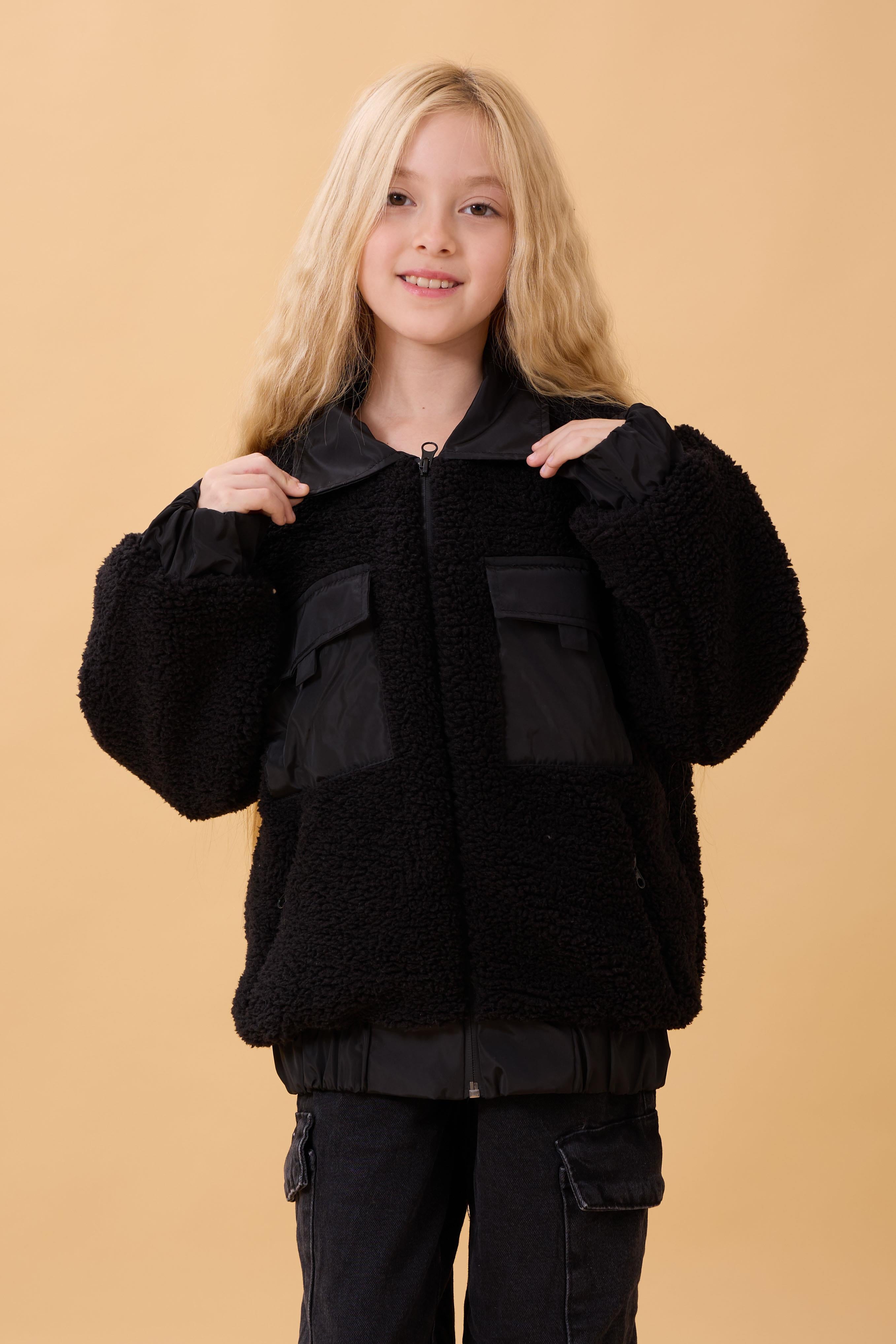 Kız Çocuk Gömlek Yaka Cepli Peluş Kışlık Mont Siyah