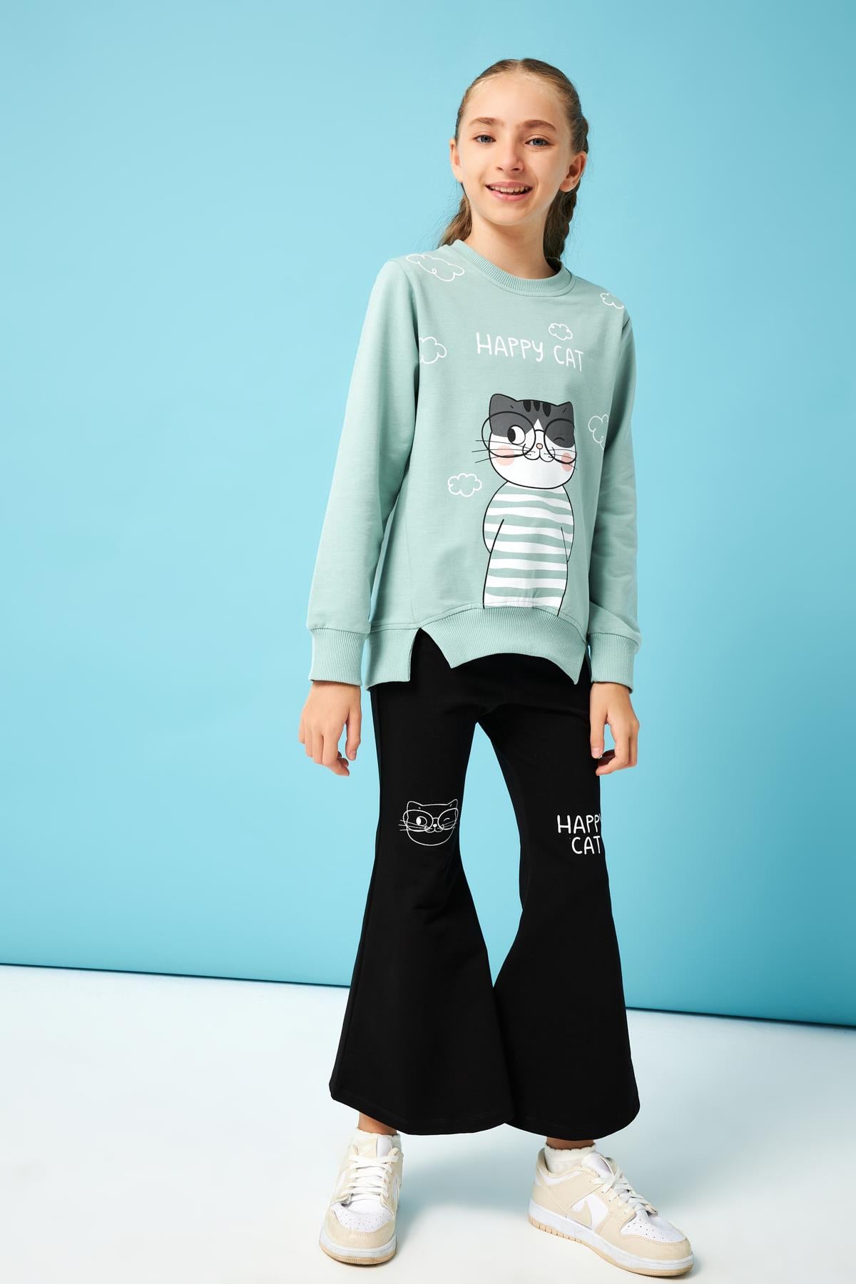 Happy Cat Baskı Detaylı Taytlı Kız Çocuk Takım Çağla