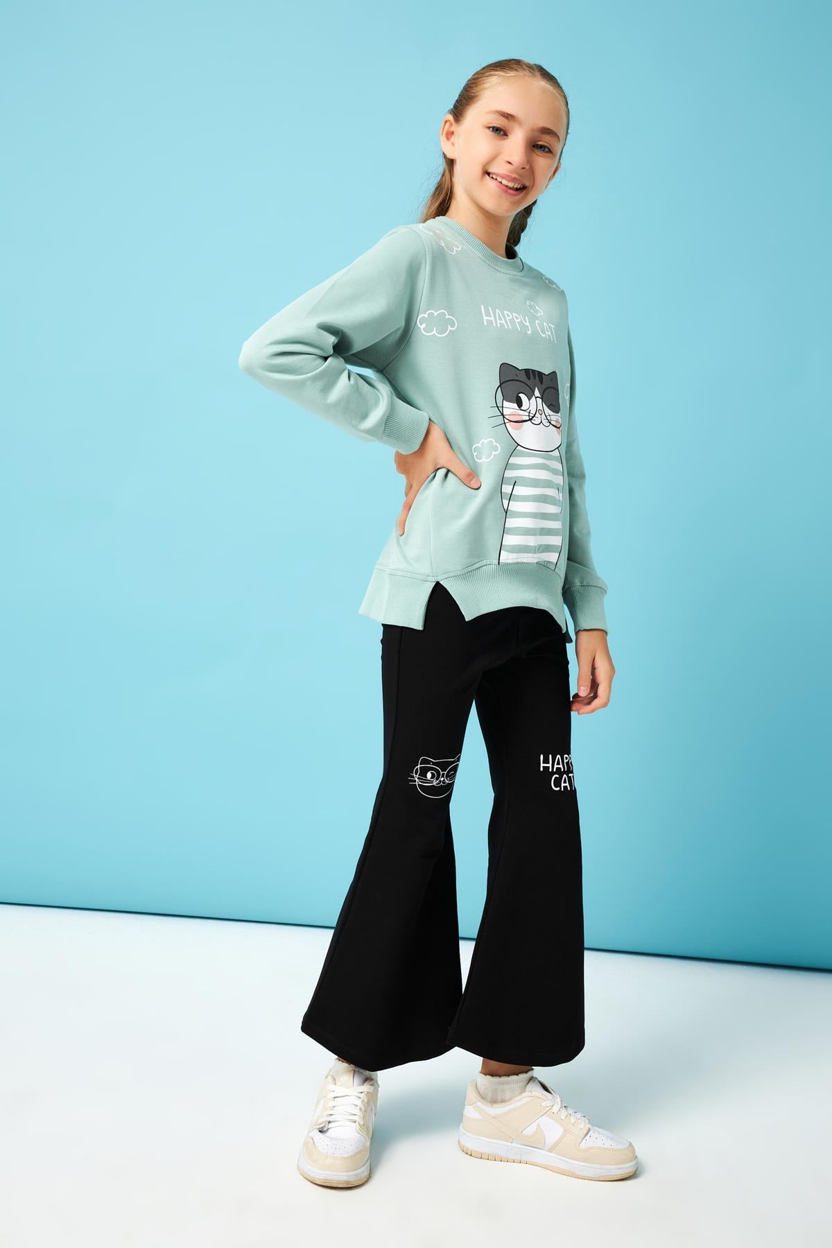 Happy Cat Baskı Detaylı Taytlı Kız Çocuk Takım Çağla