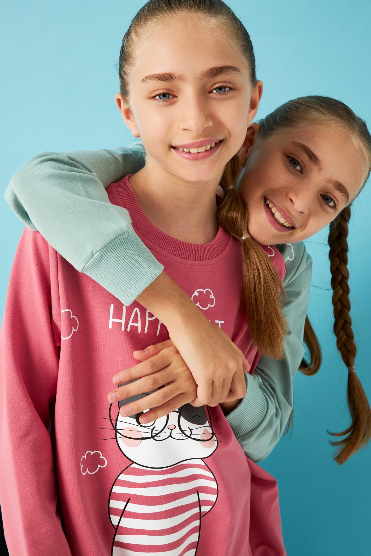 Happy Cat Baskı Detaylı Taytlı Kız Çocuk Takım Çağla