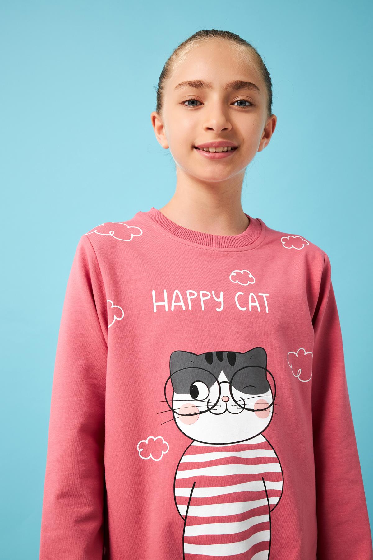 Happy Cat Baskı Detaylı Taytlı Kız Çocuk Takım Gül Kurusu