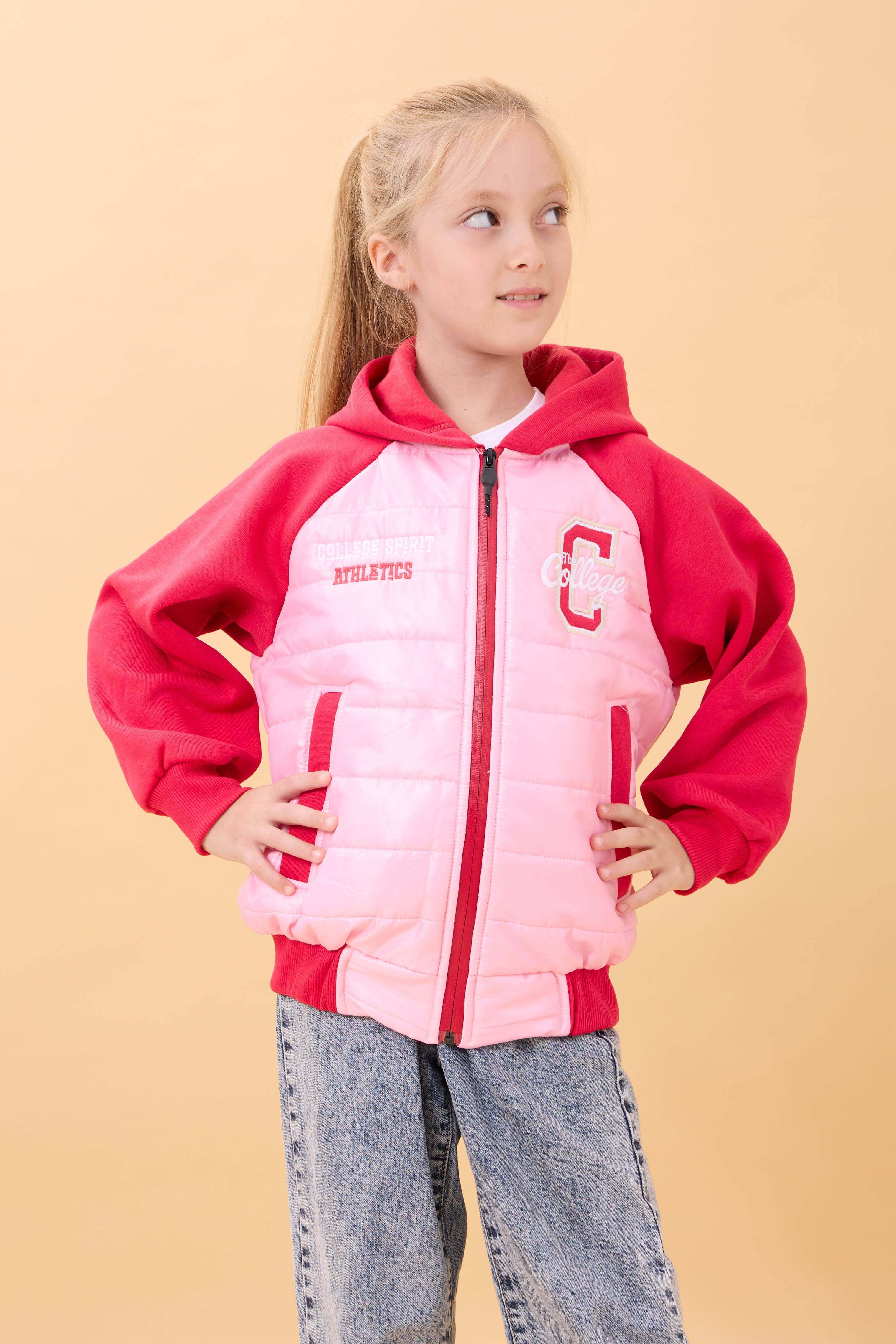 Kız Çocuk İçi Peluşlu Kapüşonlu Kapitone Kolej Ceket – Pembe