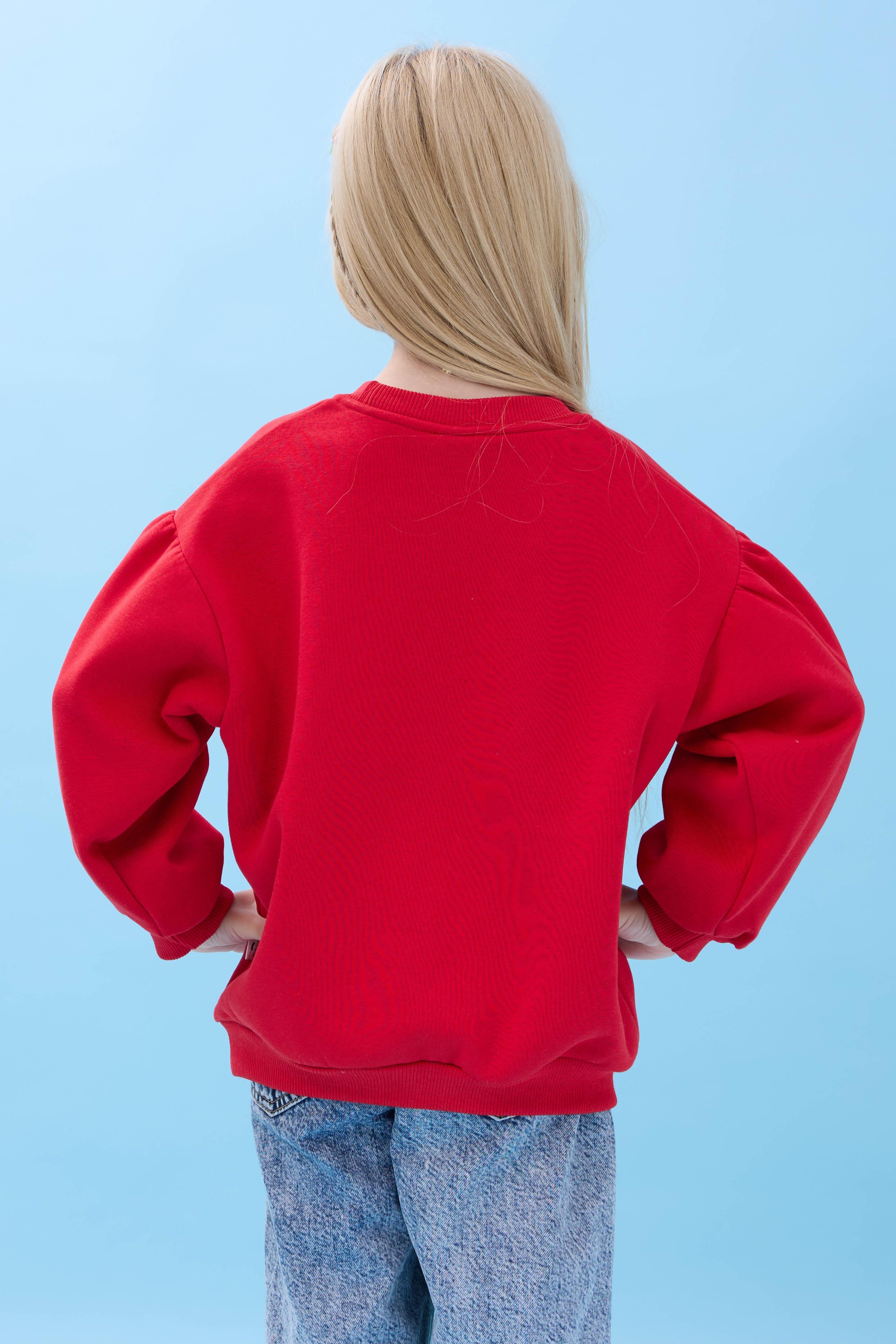 Kız Çocuk Kalp Cep Detaylı Balon Kollu Şardonlu Sweatshirt