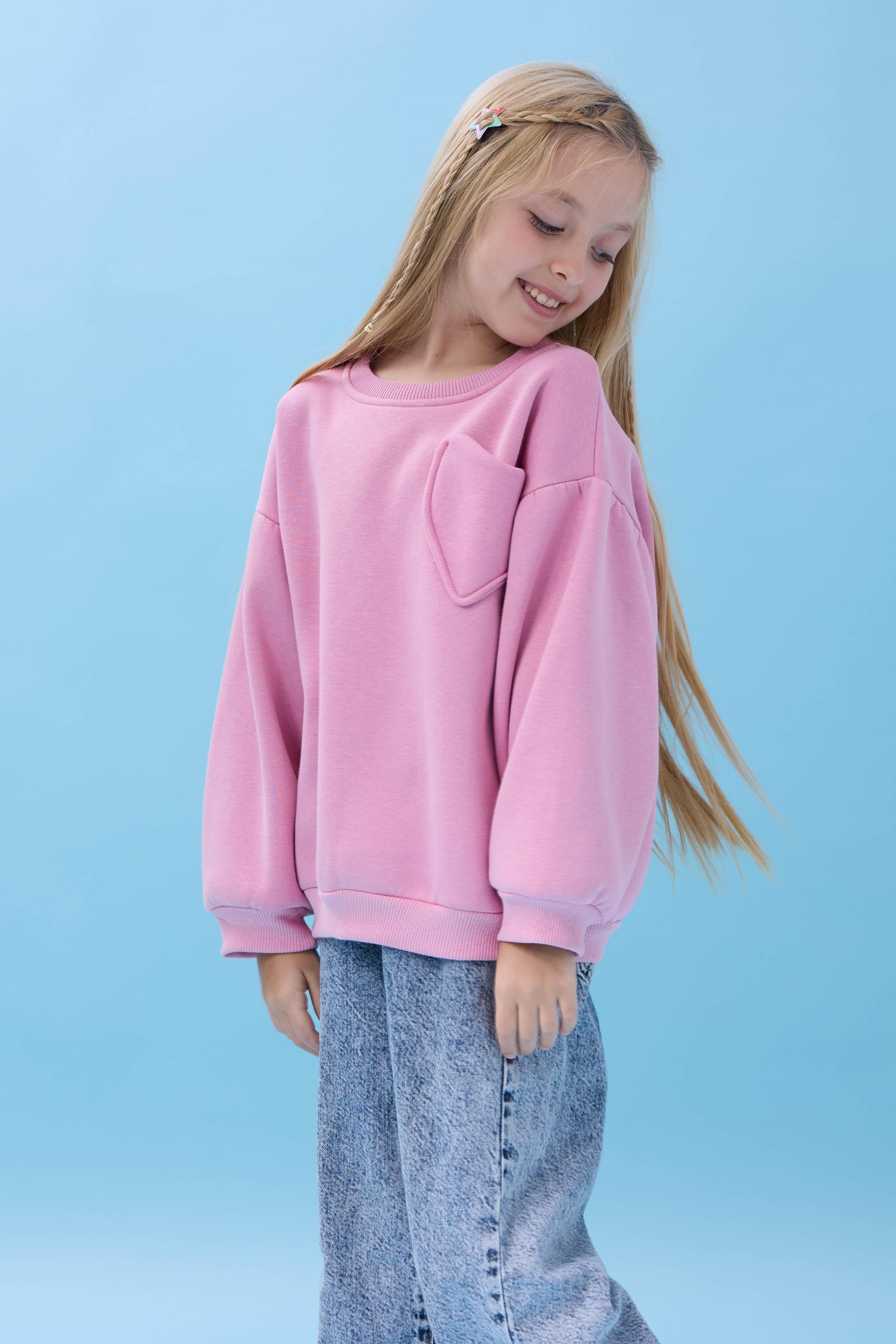 Kız Çocuk Kalp Cep Detaylı Balon Kollu Şardonlu Sweatshirt - Açık Gül