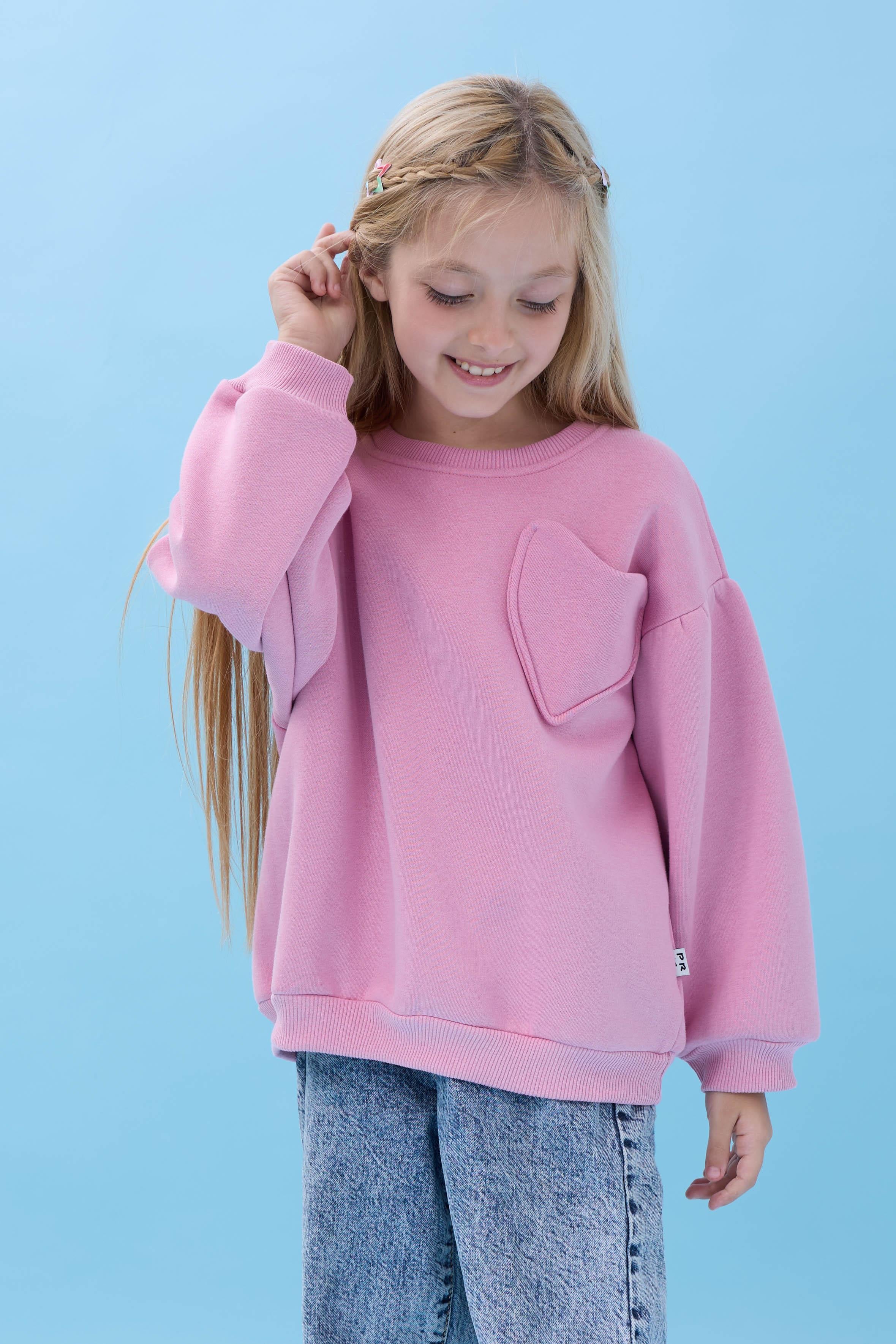 Kız Çocuk Kalp Cep Detaylı Balon Kollu Şardonlu Sweatshirt - Açık Gül
