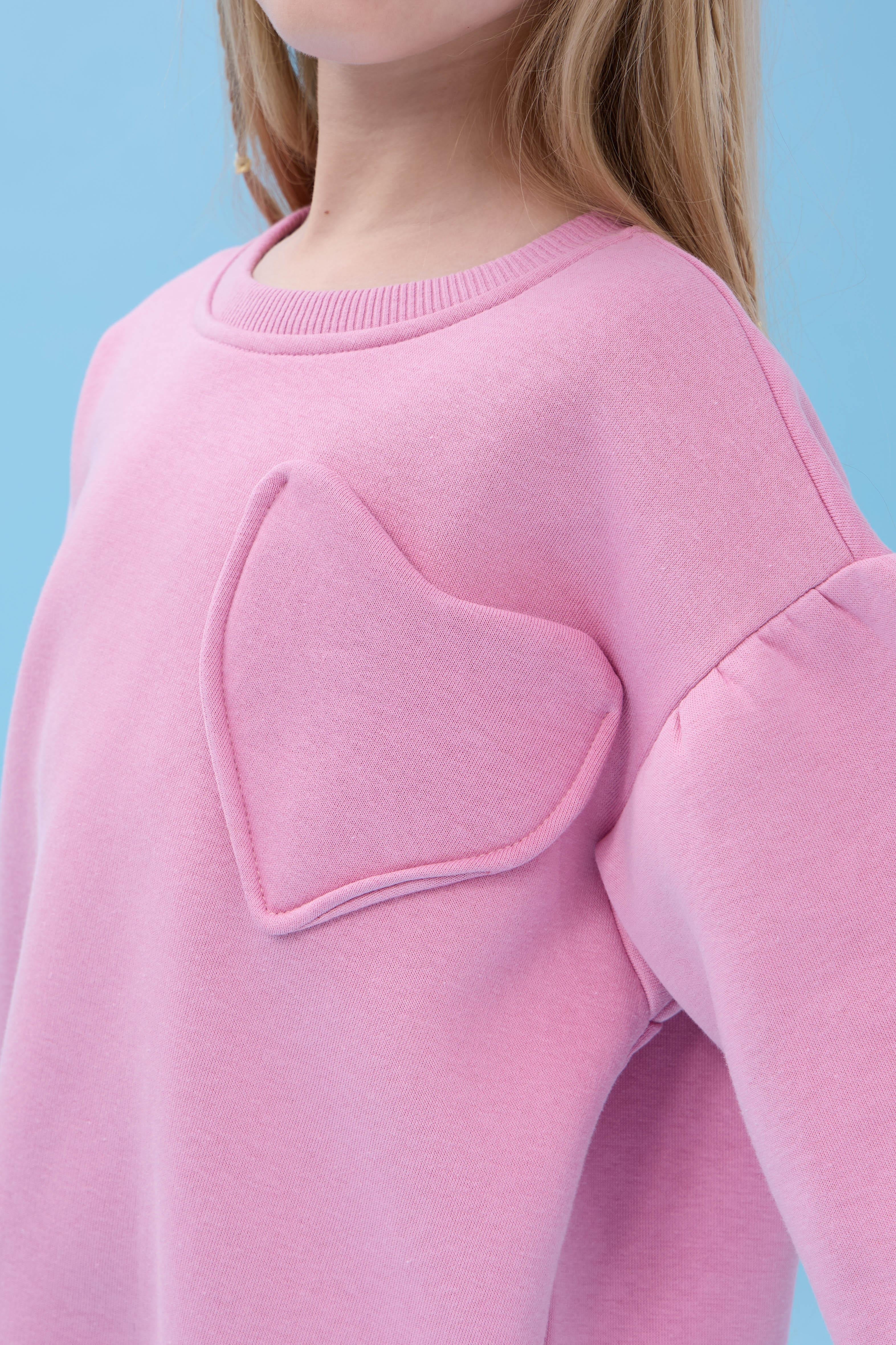 Kız Çocuk Kalp Cep Detaylı Balon Kollu Şardonlu Sweatshirt - Açık Gül