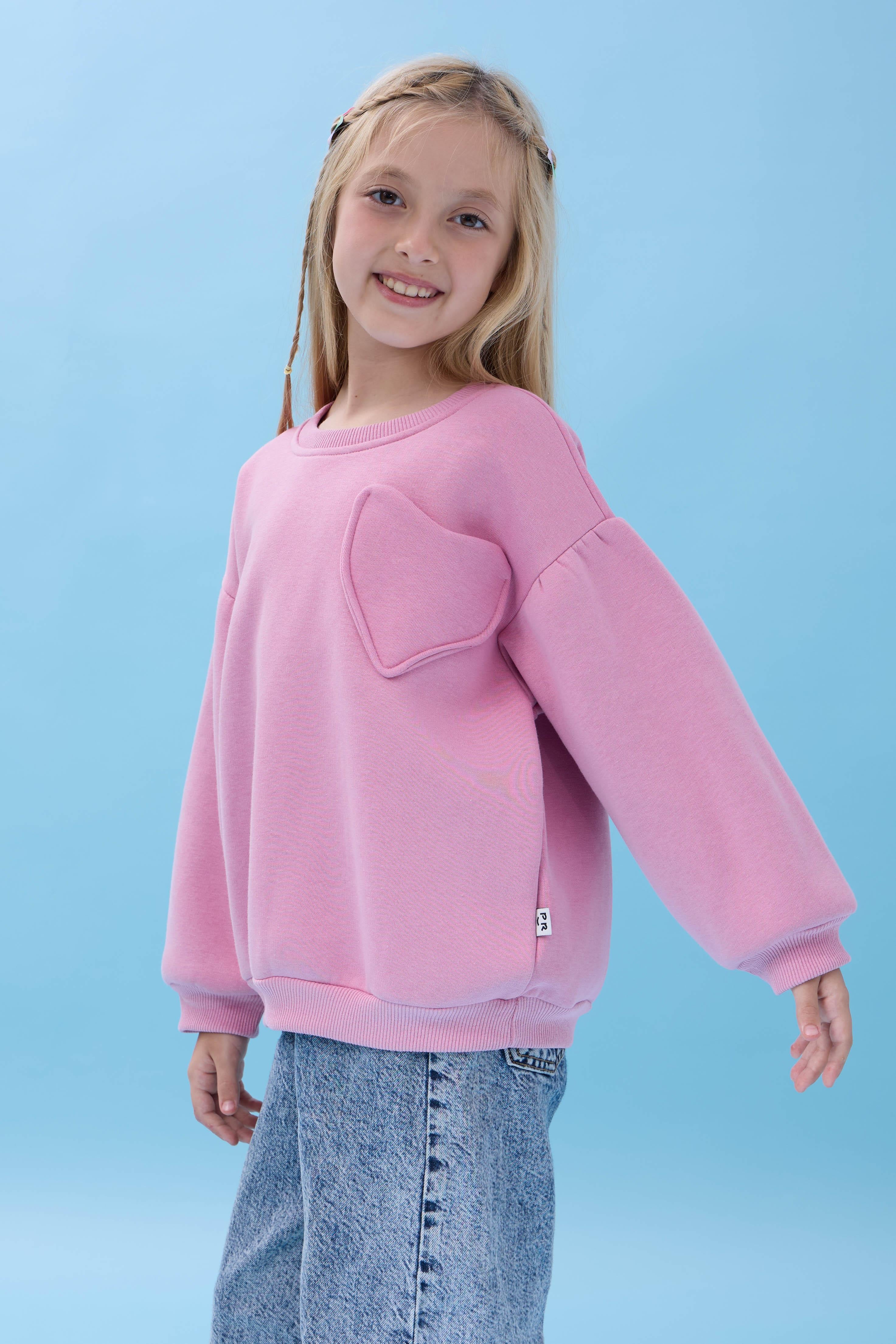 Kız Çocuk Kalp Cep Detaylı Balon Kollu Şardonlu Sweatshirt - Açık Gül