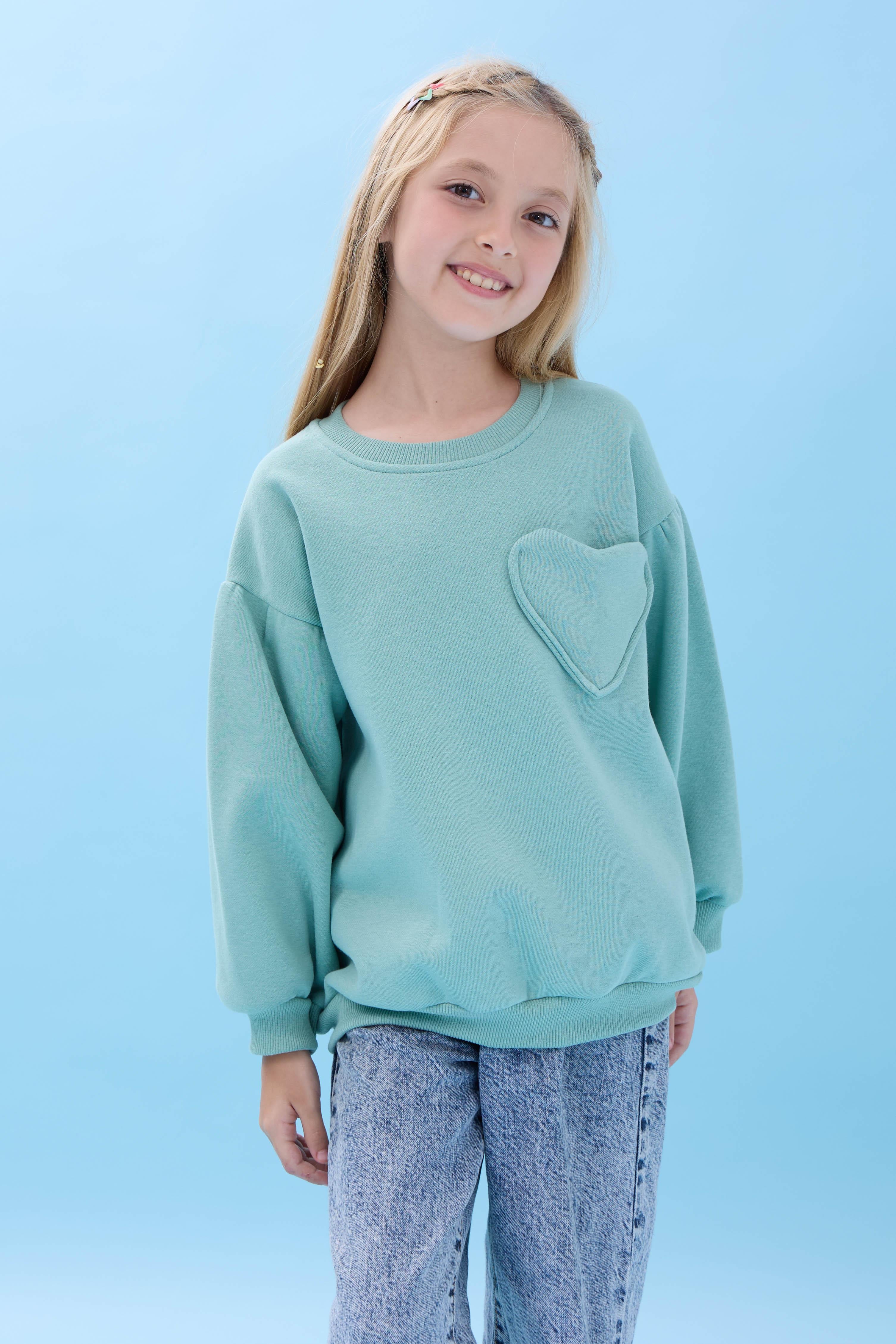 Kız Çocuk Kalp Cep Detaylı Balon Kollu Şardonlu Sweatshirt - Çağla