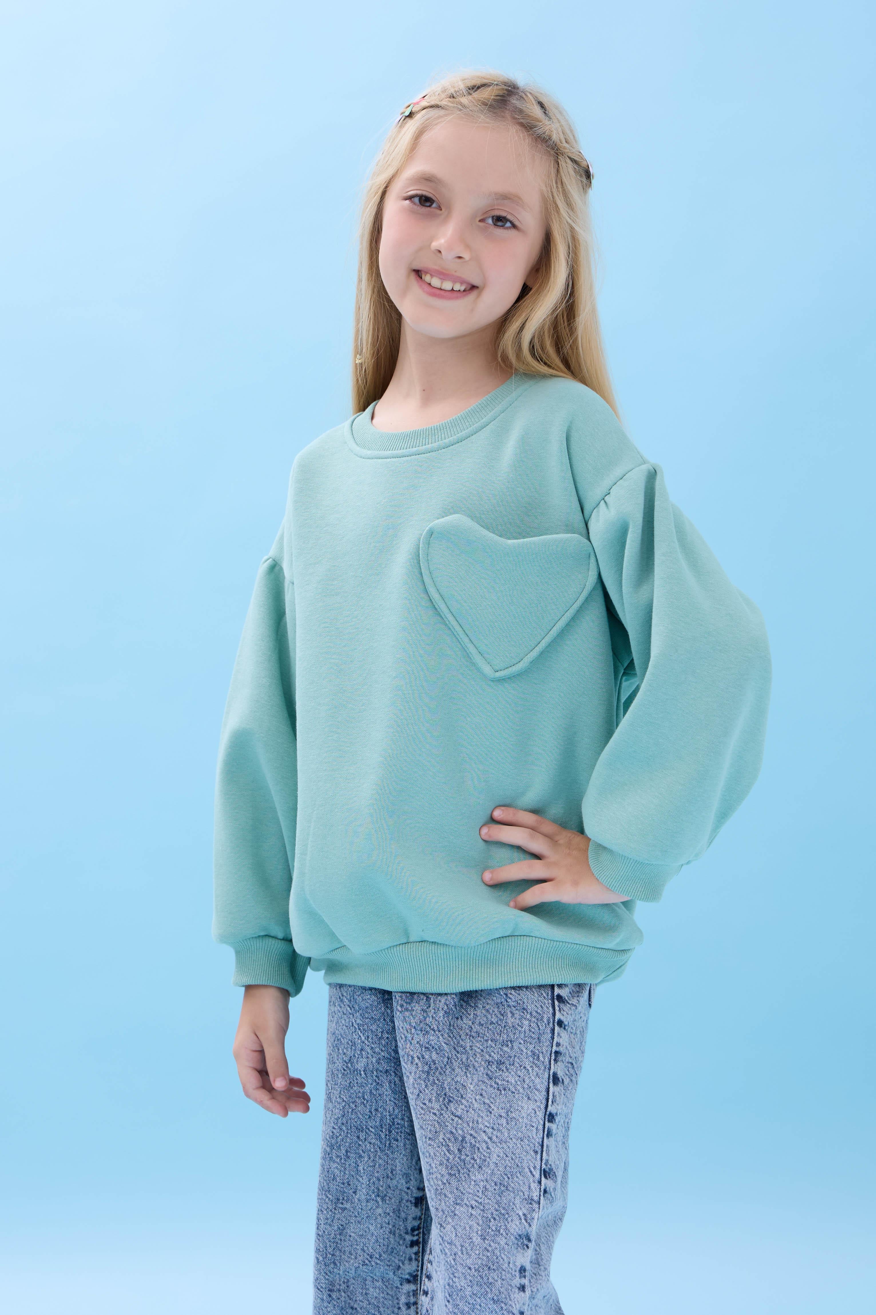 Kız Çocuk Kalp Cep Detaylı Balon Kollu Şardonlu Sweatshirt - Çağla